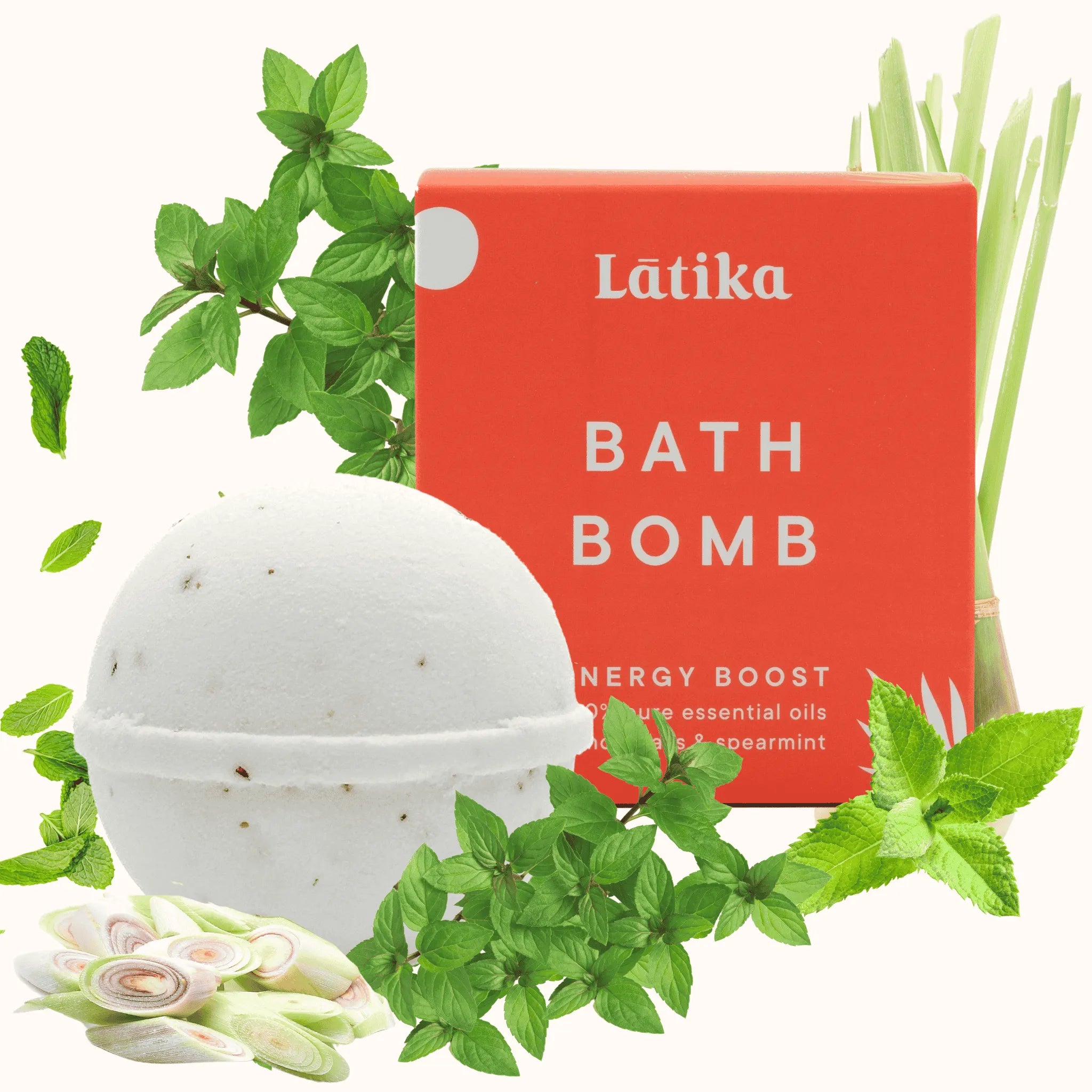 White bath bomb with a red &