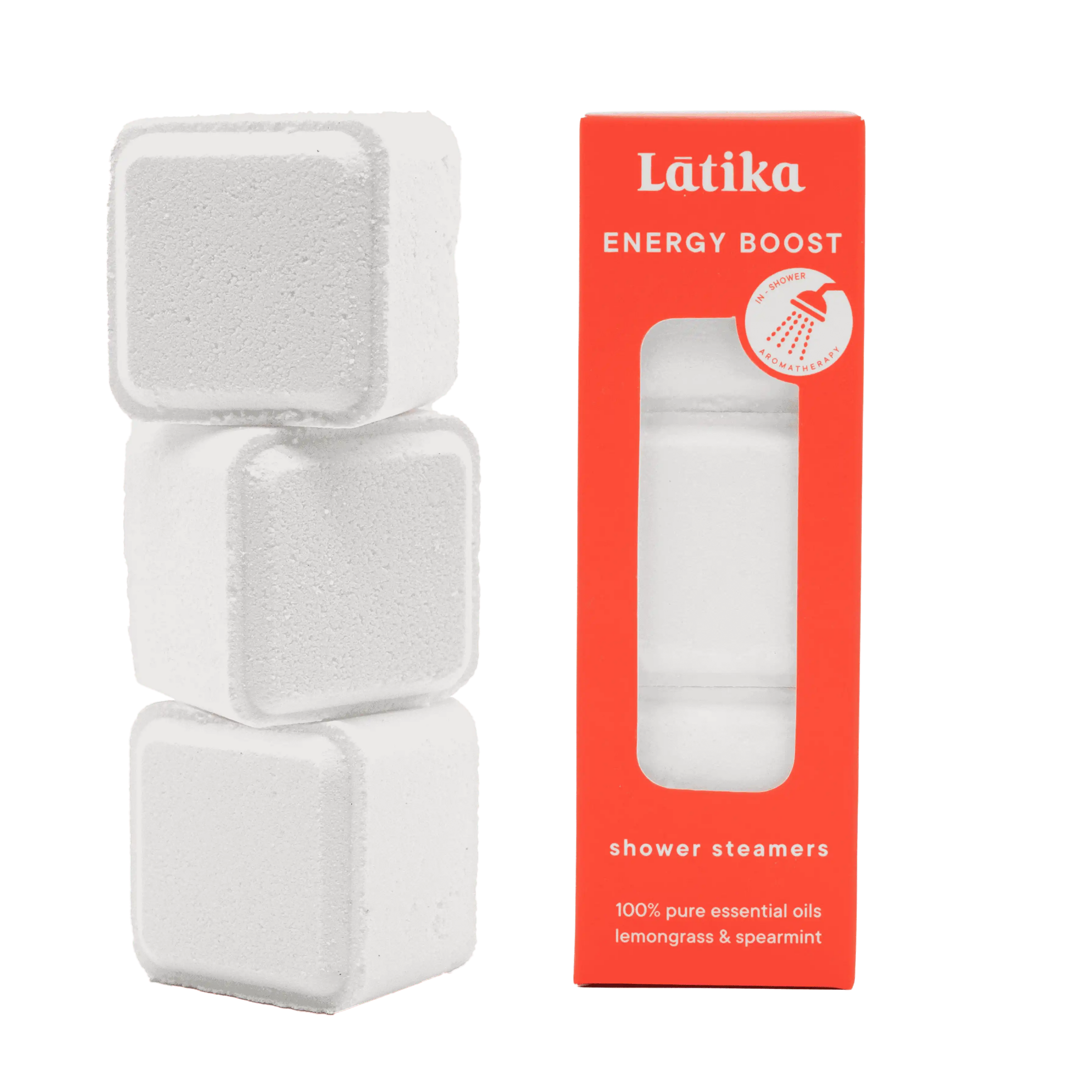 Three white shower steamers with a red &