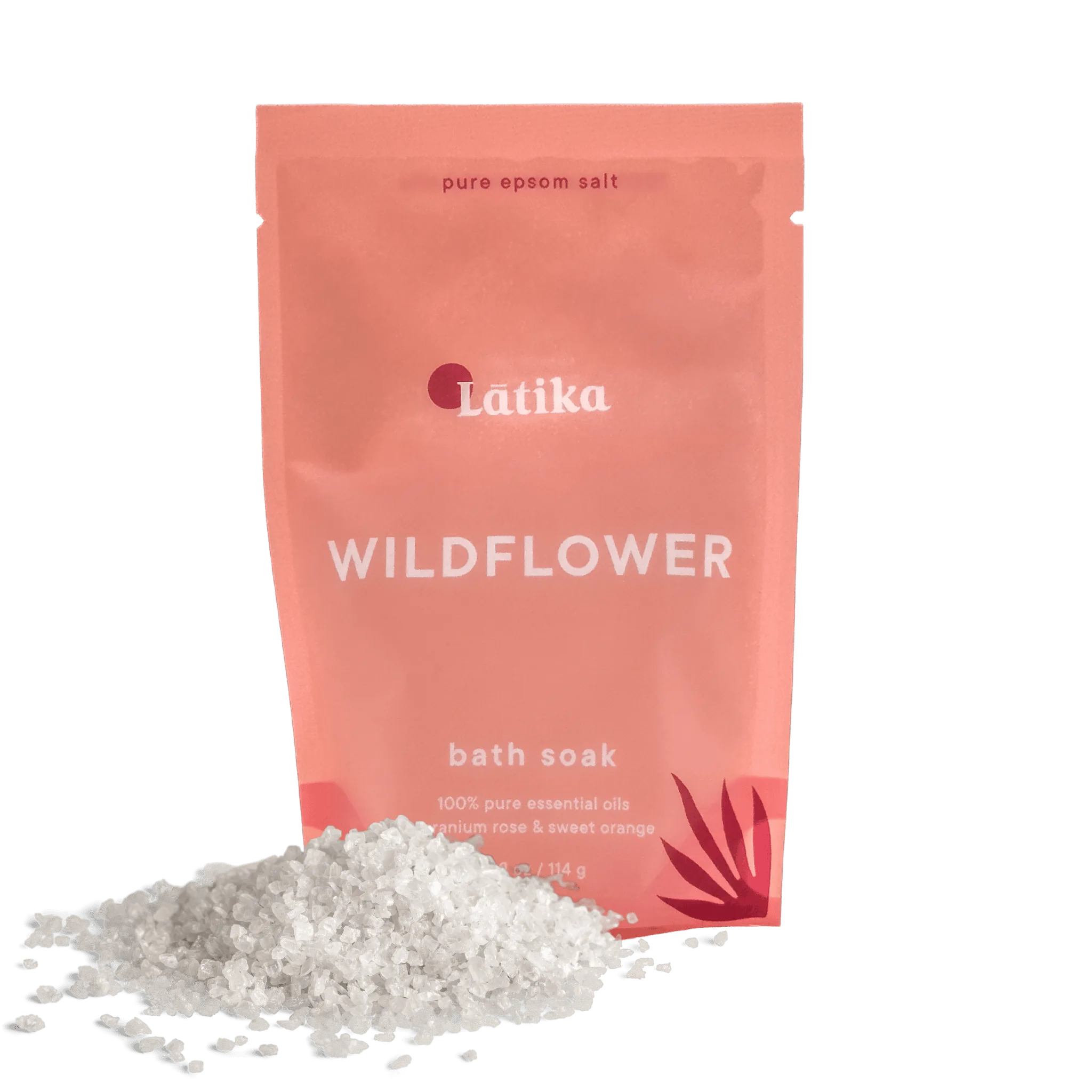 A package of Latika Wildflower bath soak with Epsom salt visible in front, indicating the product is for a calming and aromatic bath experience.