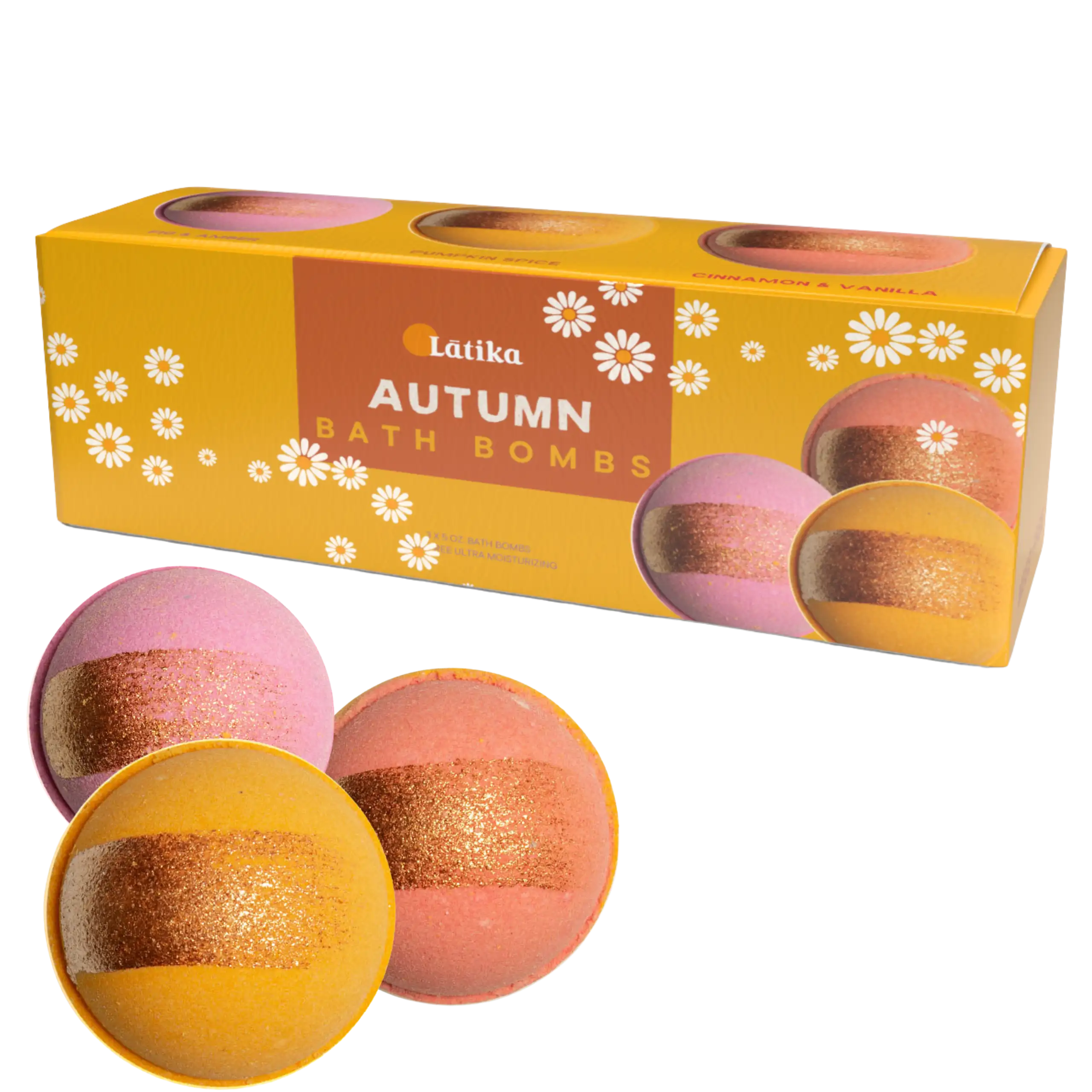 Latika Autumn bath bombs with a decorative box on a white background