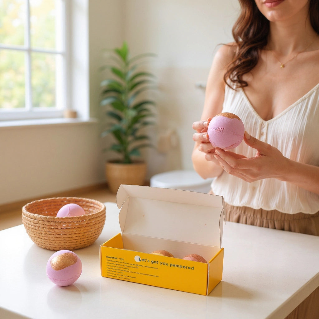 women holding a bath bomb on a bath countertop, near the gift box for fall
