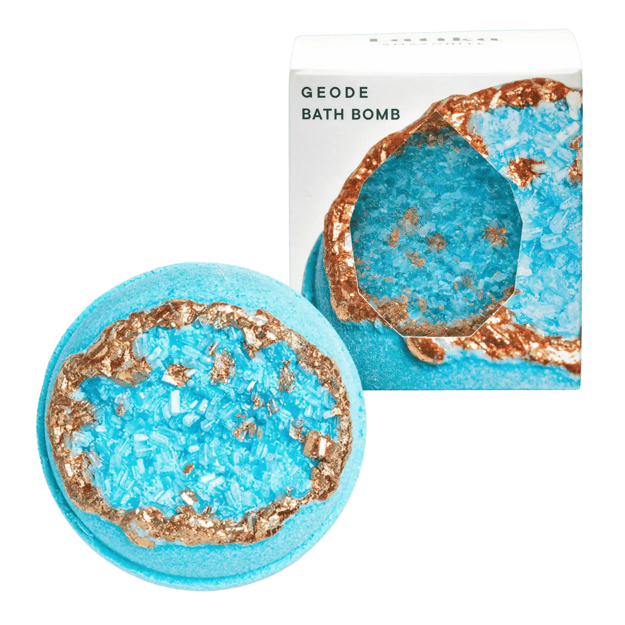 A bath bomb designed to resemble a geode, with a vibrant blue center and brown outer edge, with a label indicating it is an &