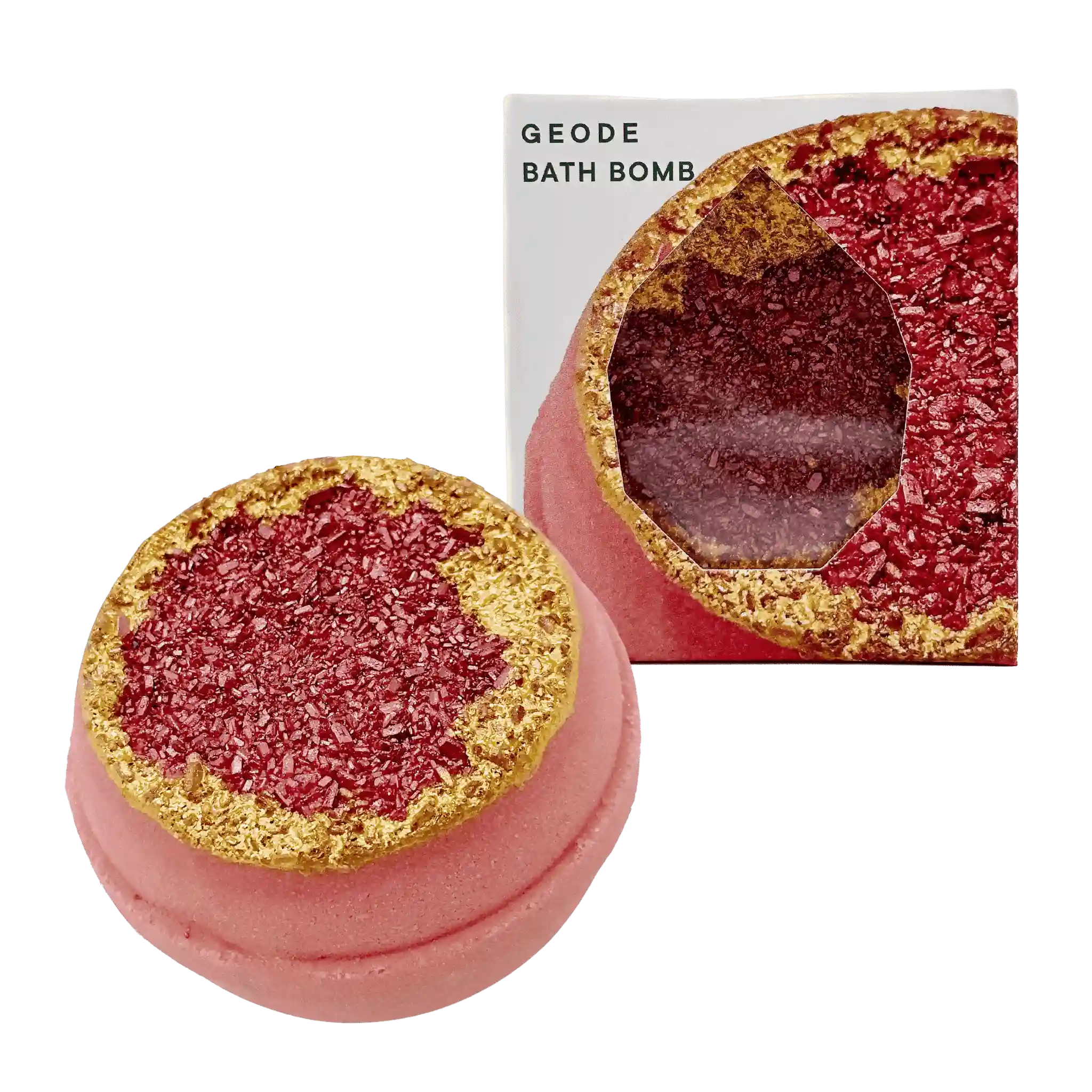 A bath bomb designed to resemble a geode, with a vibrant red center and a gold crust, next to its packaging which reads &