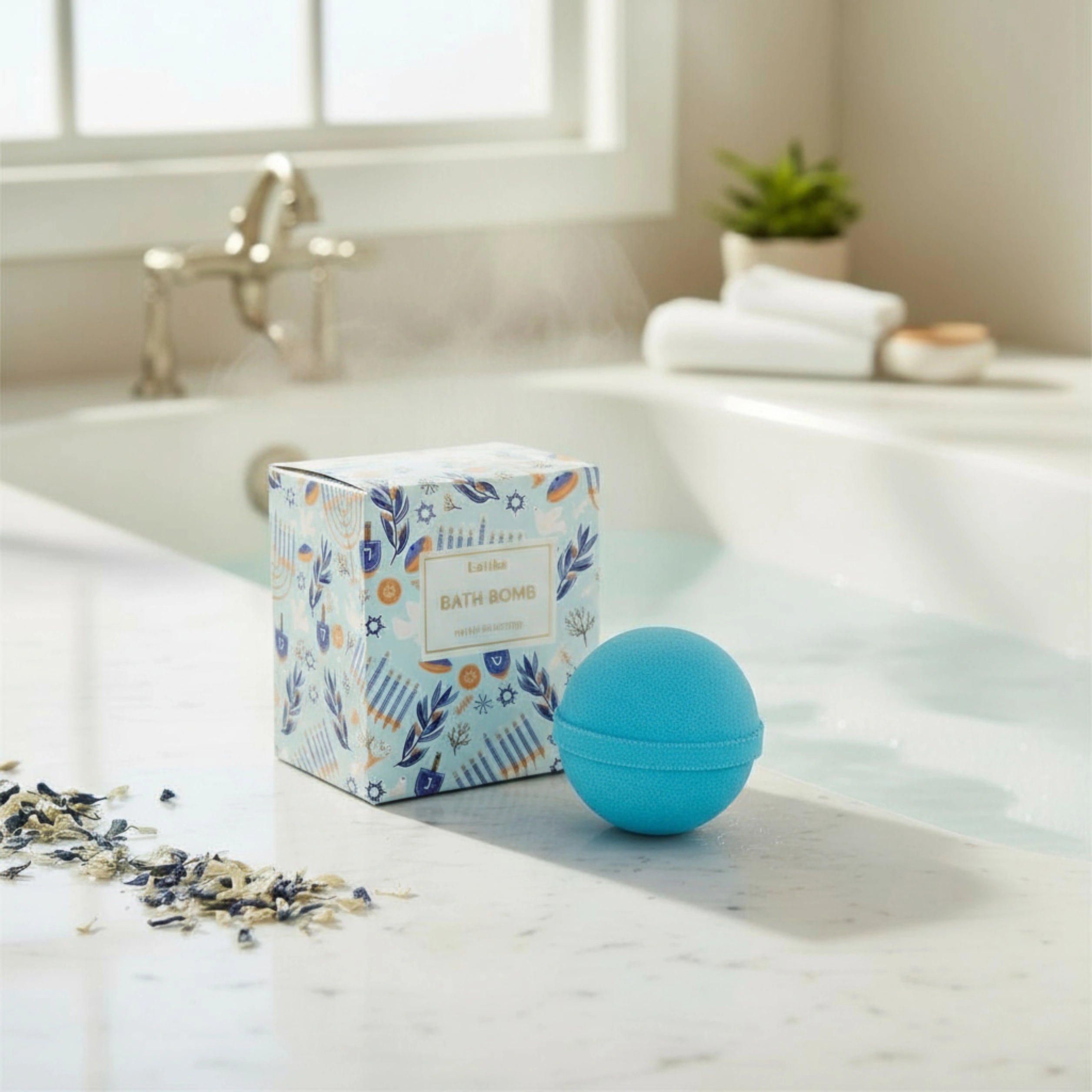 Blue bath bomb and its packaging on a bathtub rim with a blurred bathroom background. hanukkah themed elegant packaging