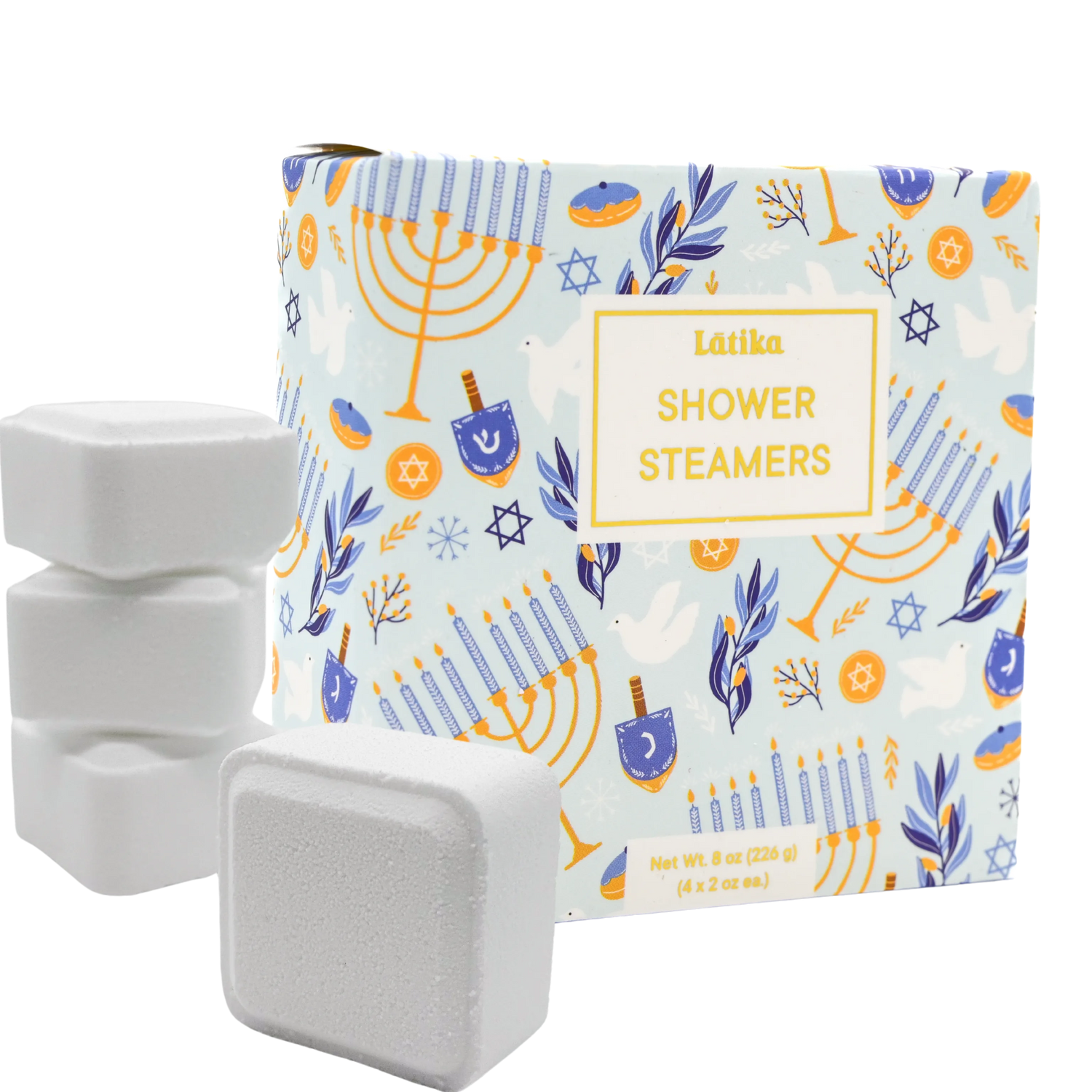 Latika shower steamers with a decorative packaging featuring Hanukkah symbols on a white background.