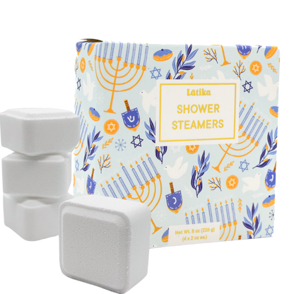 Latika shower steamers with a decorative packaging featuring Hanukkah symbols on a white background.