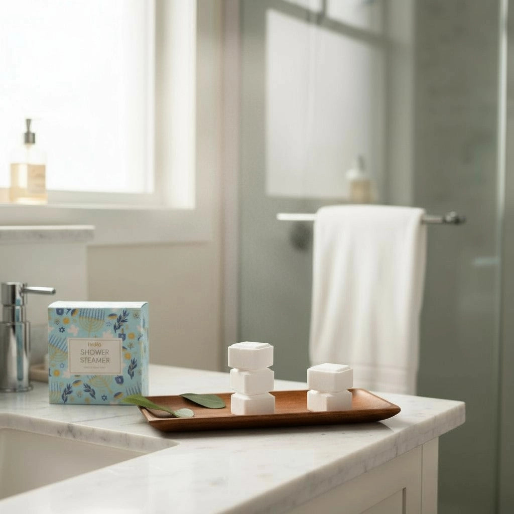 Bathroom counter with Hanukkah shower steamers, a box, and a towel.