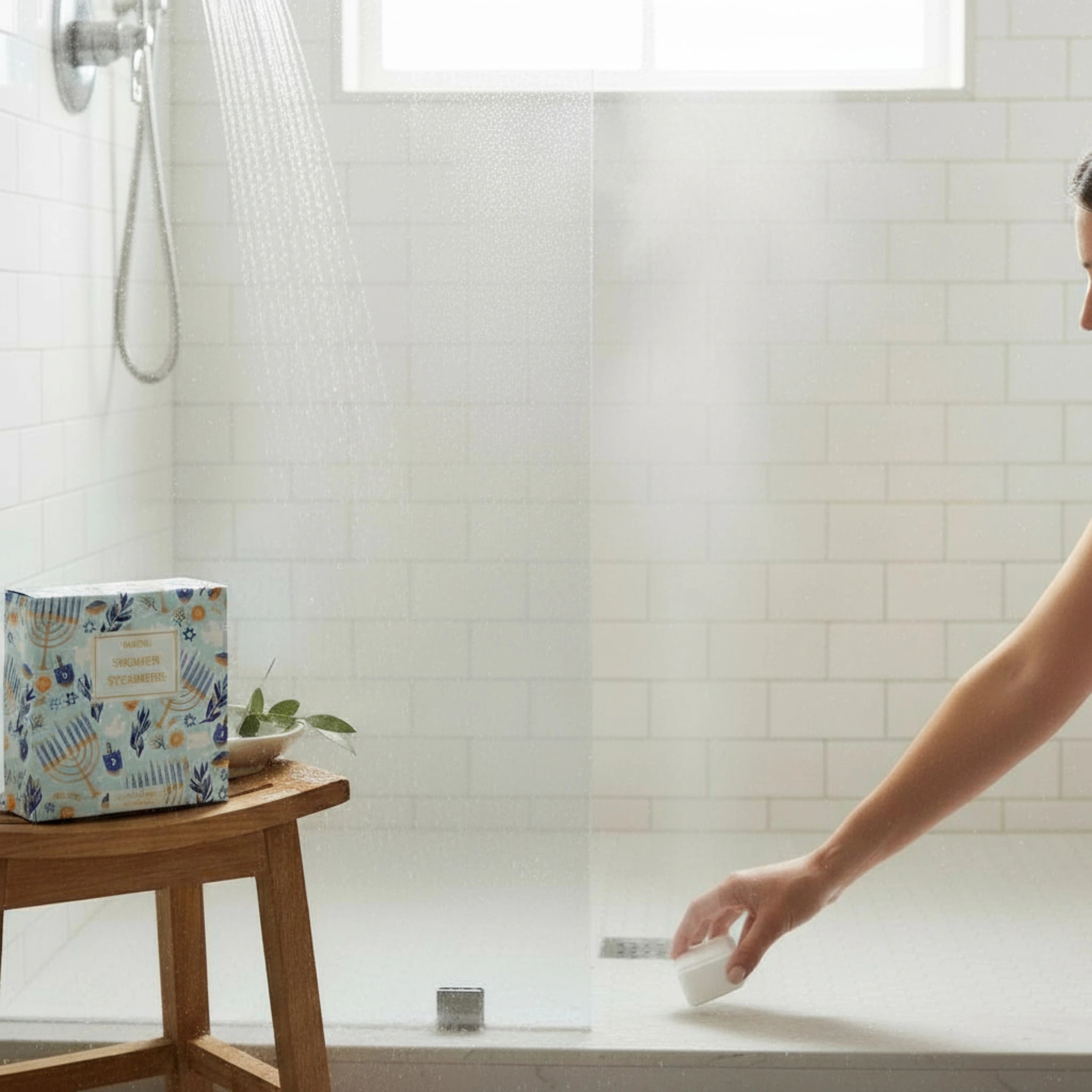 Person using a shower steamer, near a handheld showerhead in a bathroom with a glass shower enclosure.