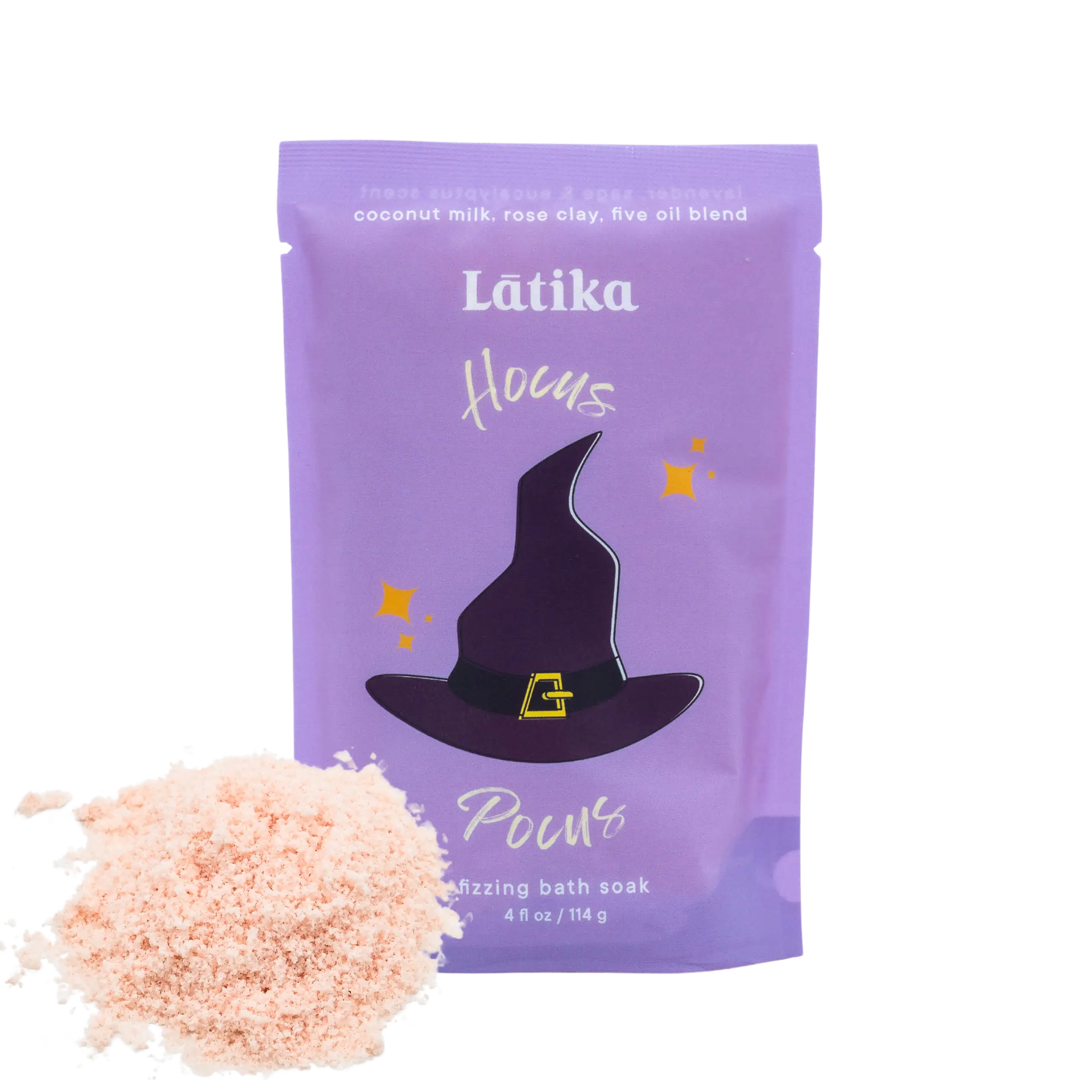 Purple packaging of Latika Hocus Pocus bath soak with a witch hat design on a white background.
