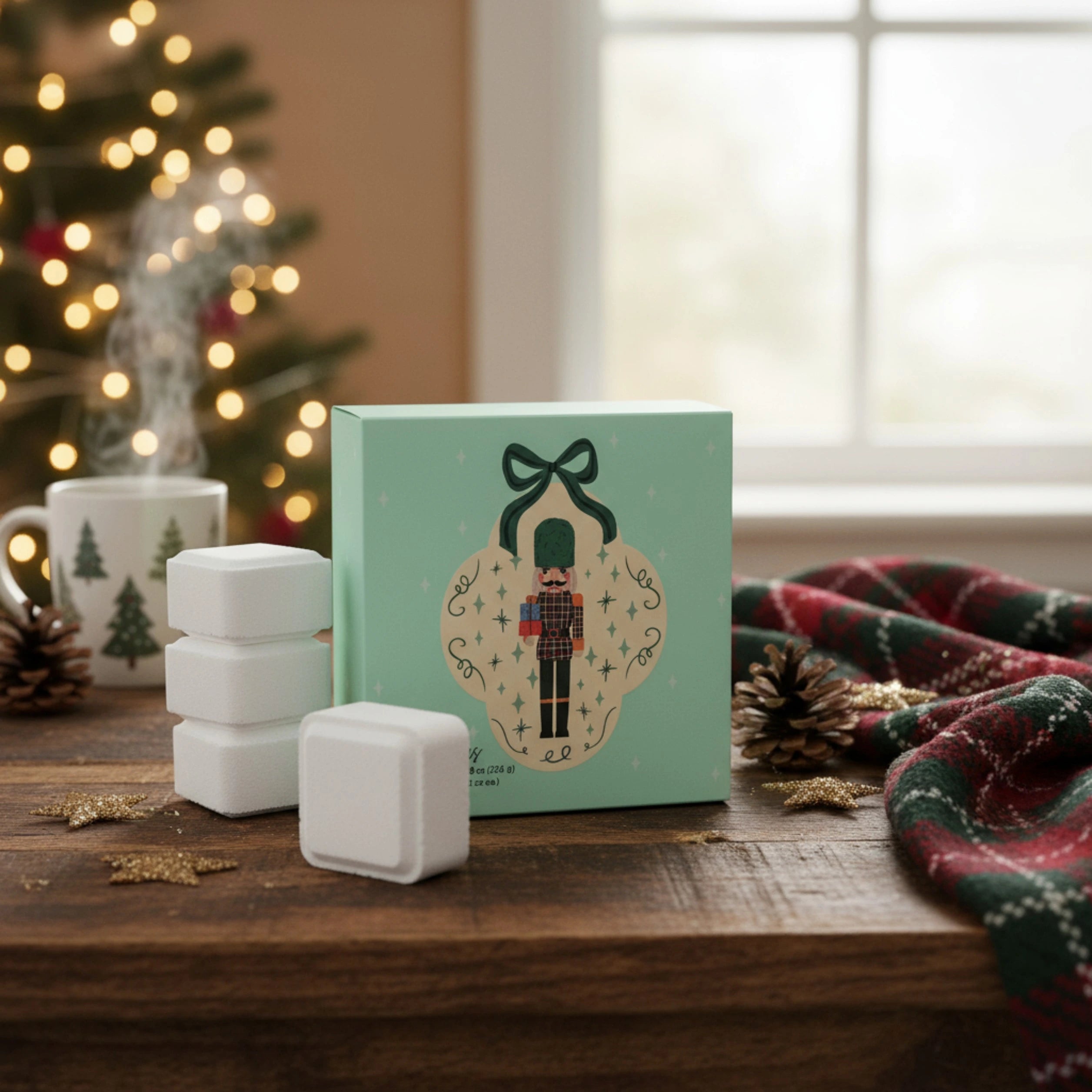 Christmas-themed product packaging with a nutcracker design on a wooden table.