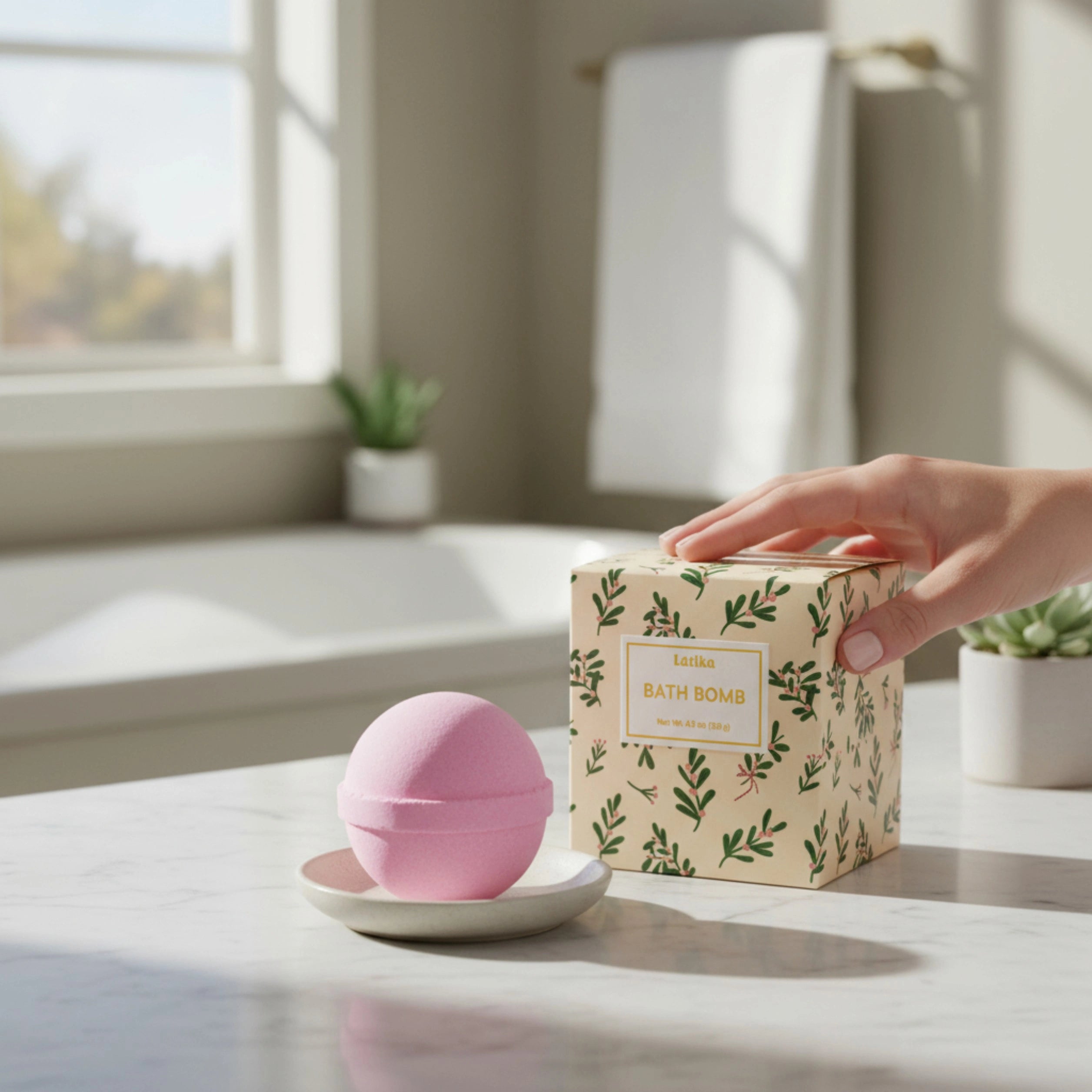 Pink bath bomb on a white plate with a decorative box in a bathroom setting