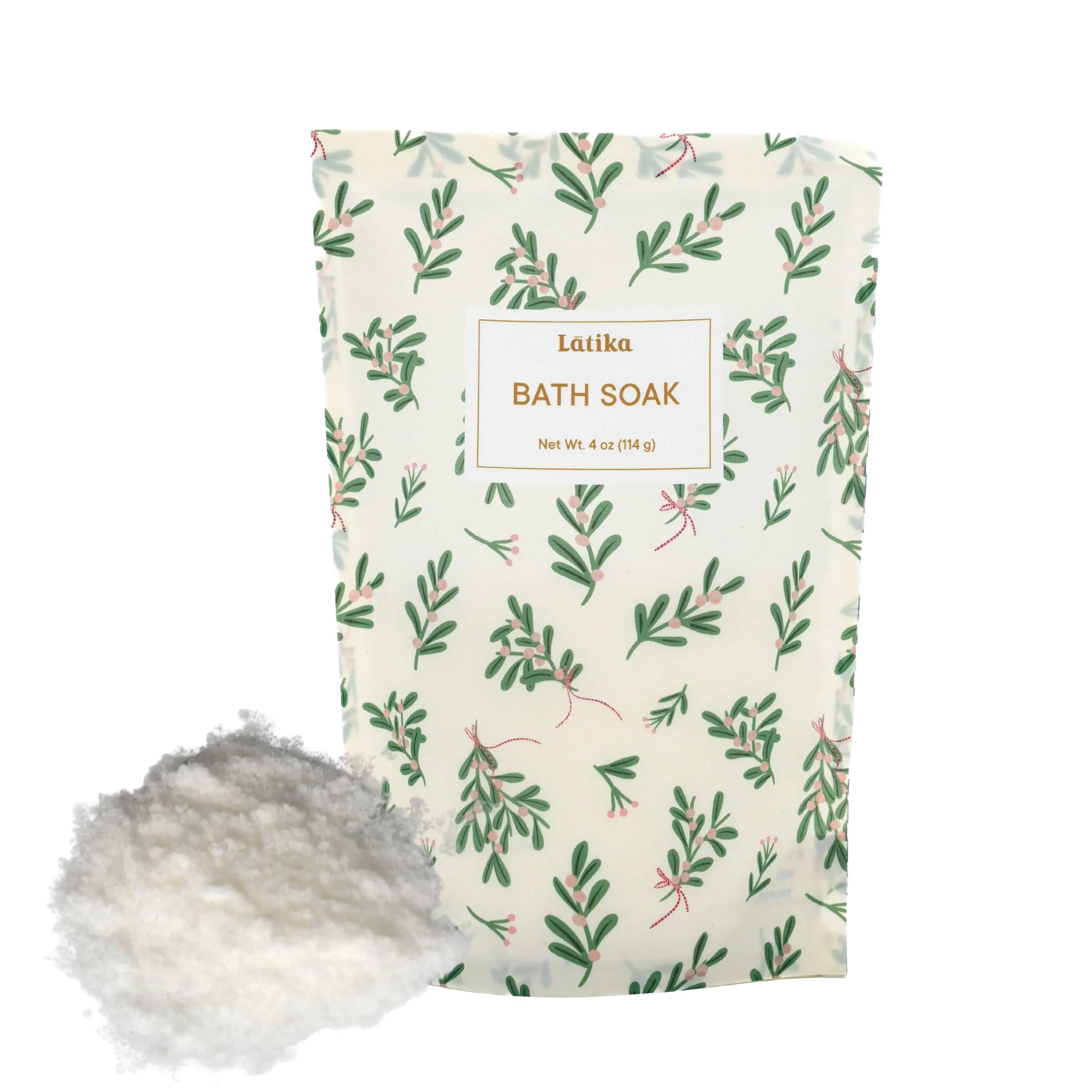 Bath soak packaging with pink bath salts on a white background