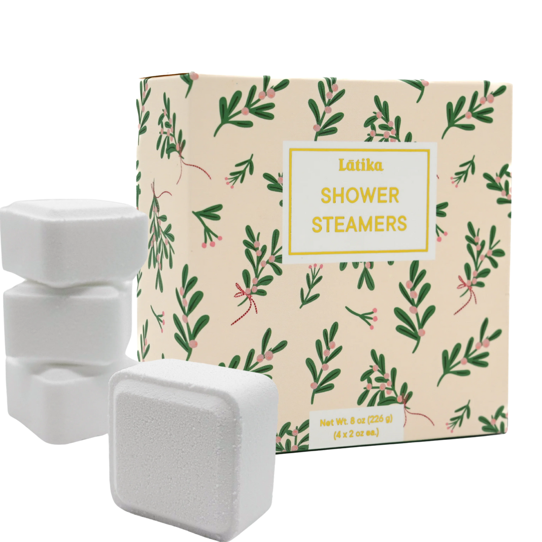 shower steamers with a decorative box on a white background