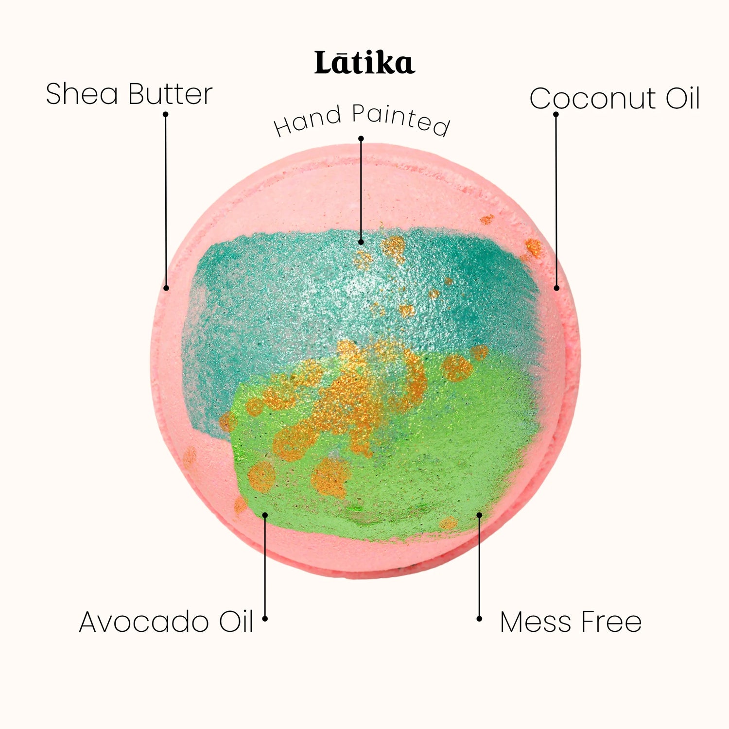Bath bomb with labeled ingredients on a white background