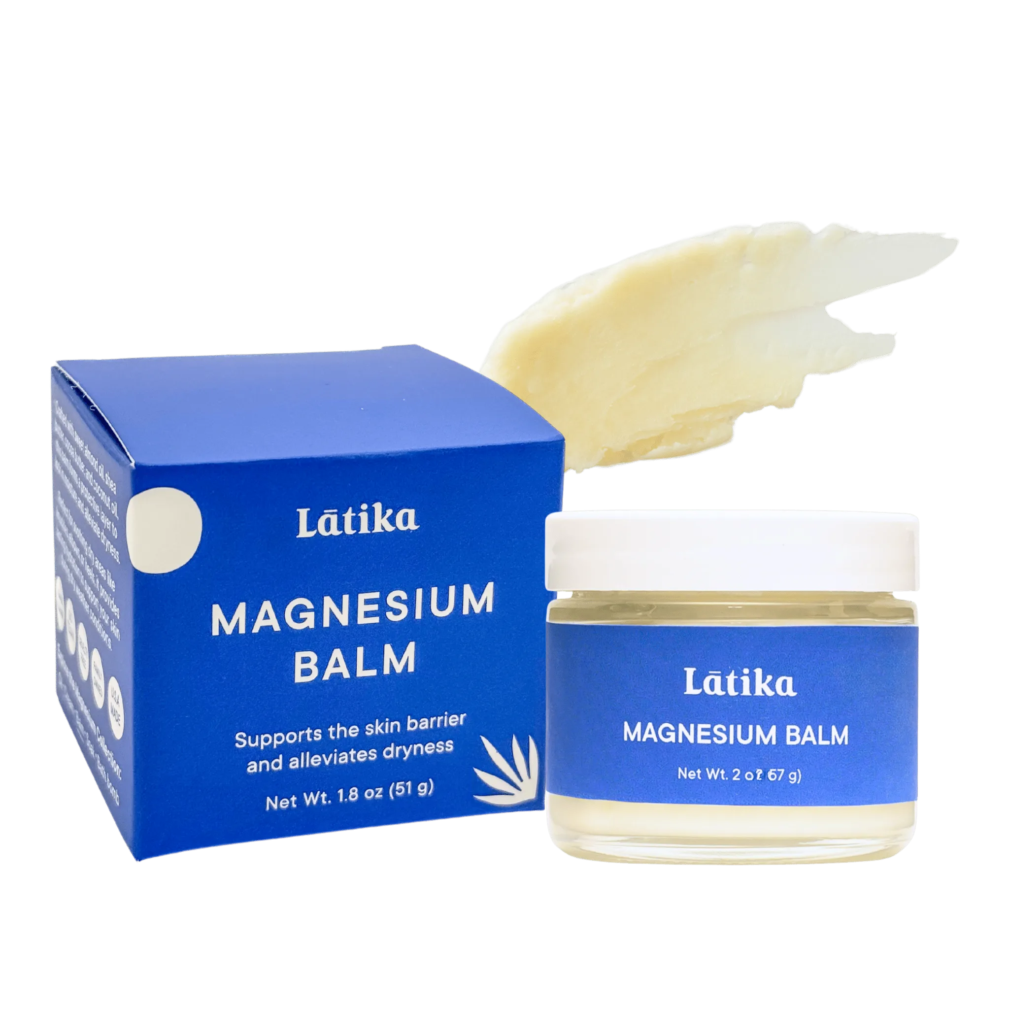 A jar and box of Latika Magnesium Balm salve with a pile of the balm in front, displayed against a white background.