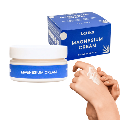 Látika Magnesium Cream with packaging and a hand applying the cream. for muscle relief and better sleep