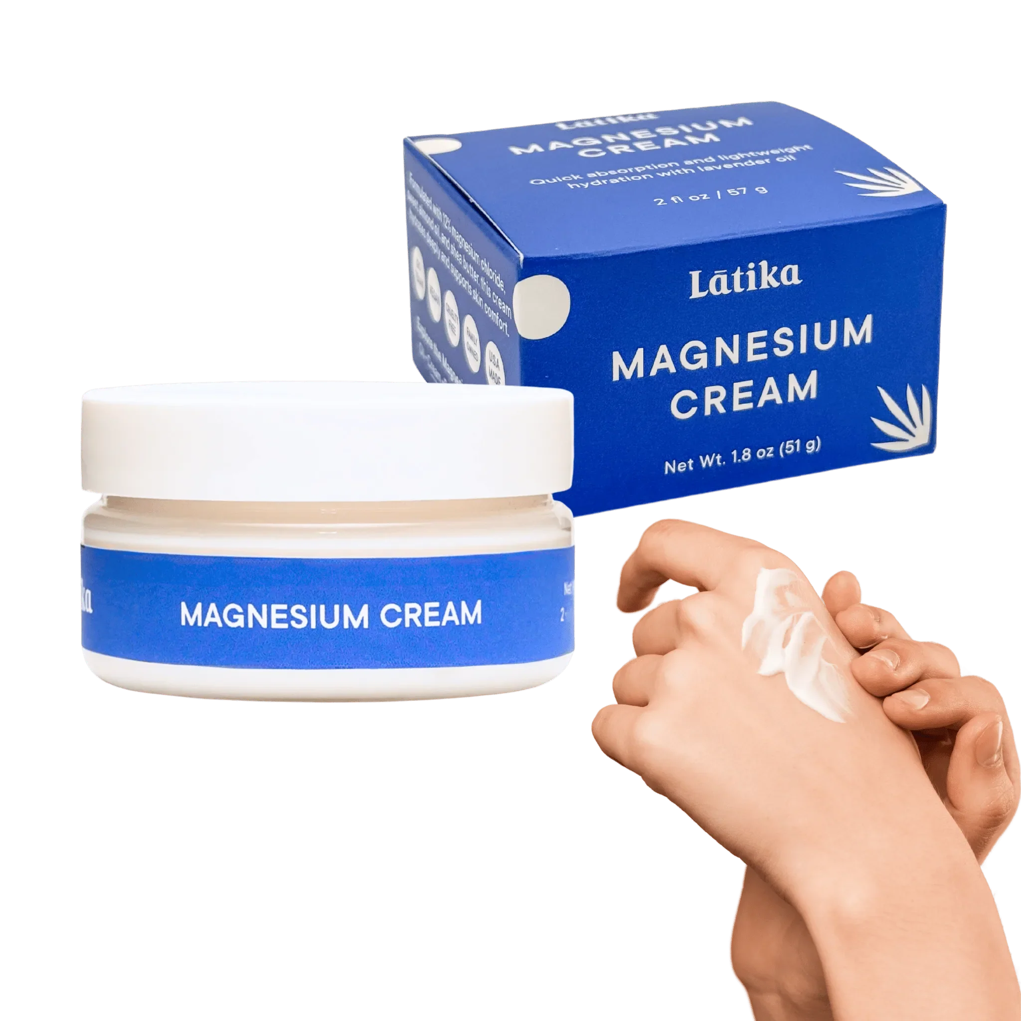 Látika Magnesium Cream with jar, box, and hand applying cream on a white background