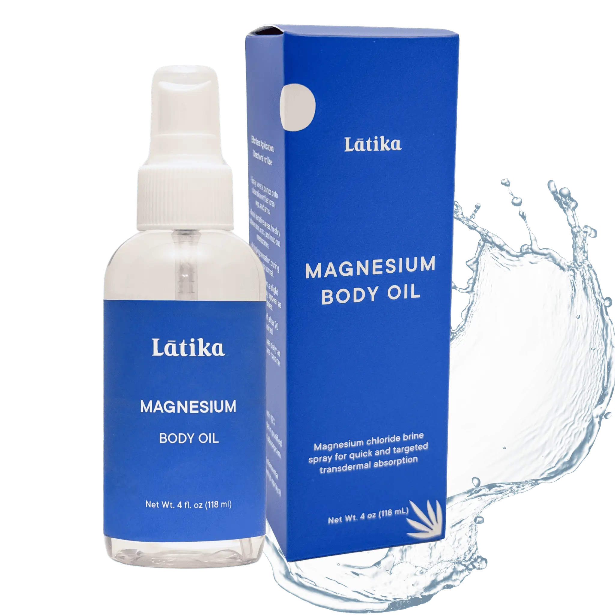 Látika magnesium body oil bottle and packaging on a white background
