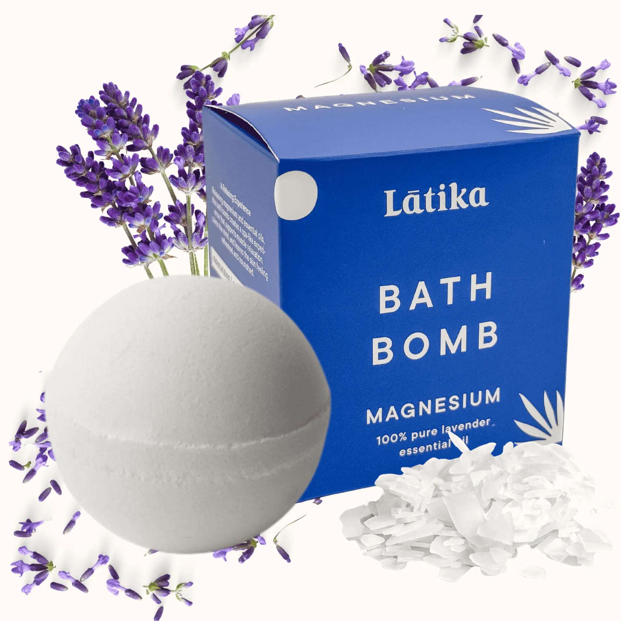 Bath bomb with blue packaging labeled &