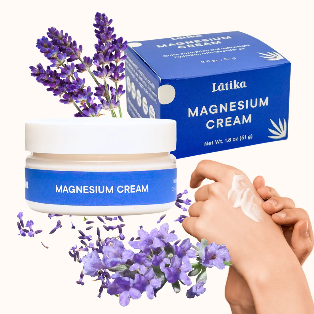 Látika magnesium cream with packaging, lavender flowers, and a hand applying the cream.