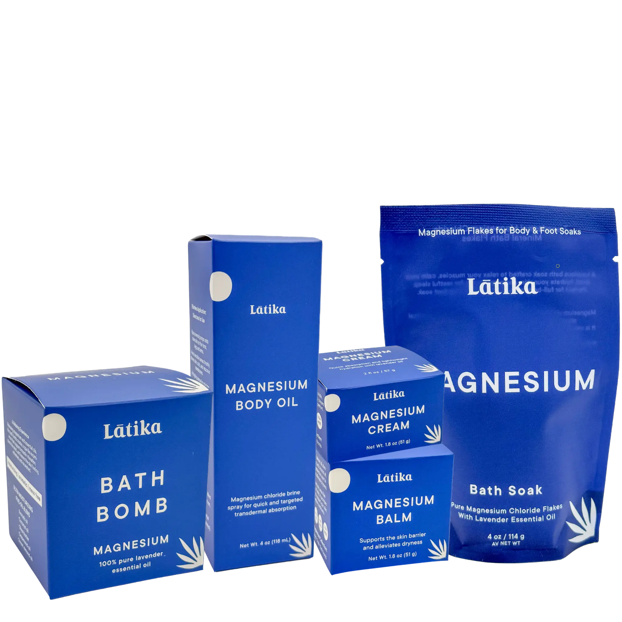 Collection of Latika magnesium products including bath bomb, body oil, cream, balm, and soak on a white background.