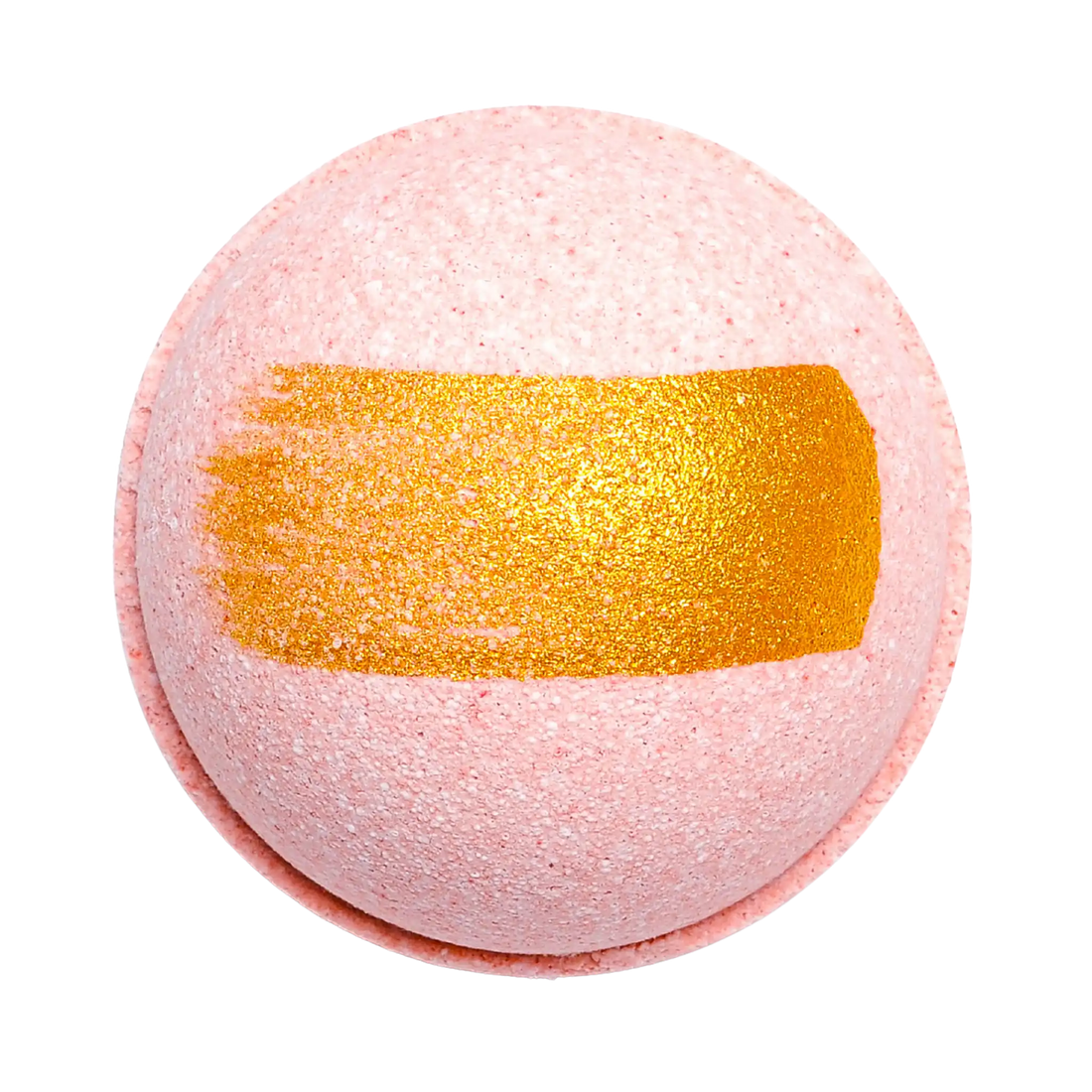 Pink bath bomb with a gold stripe on a white background