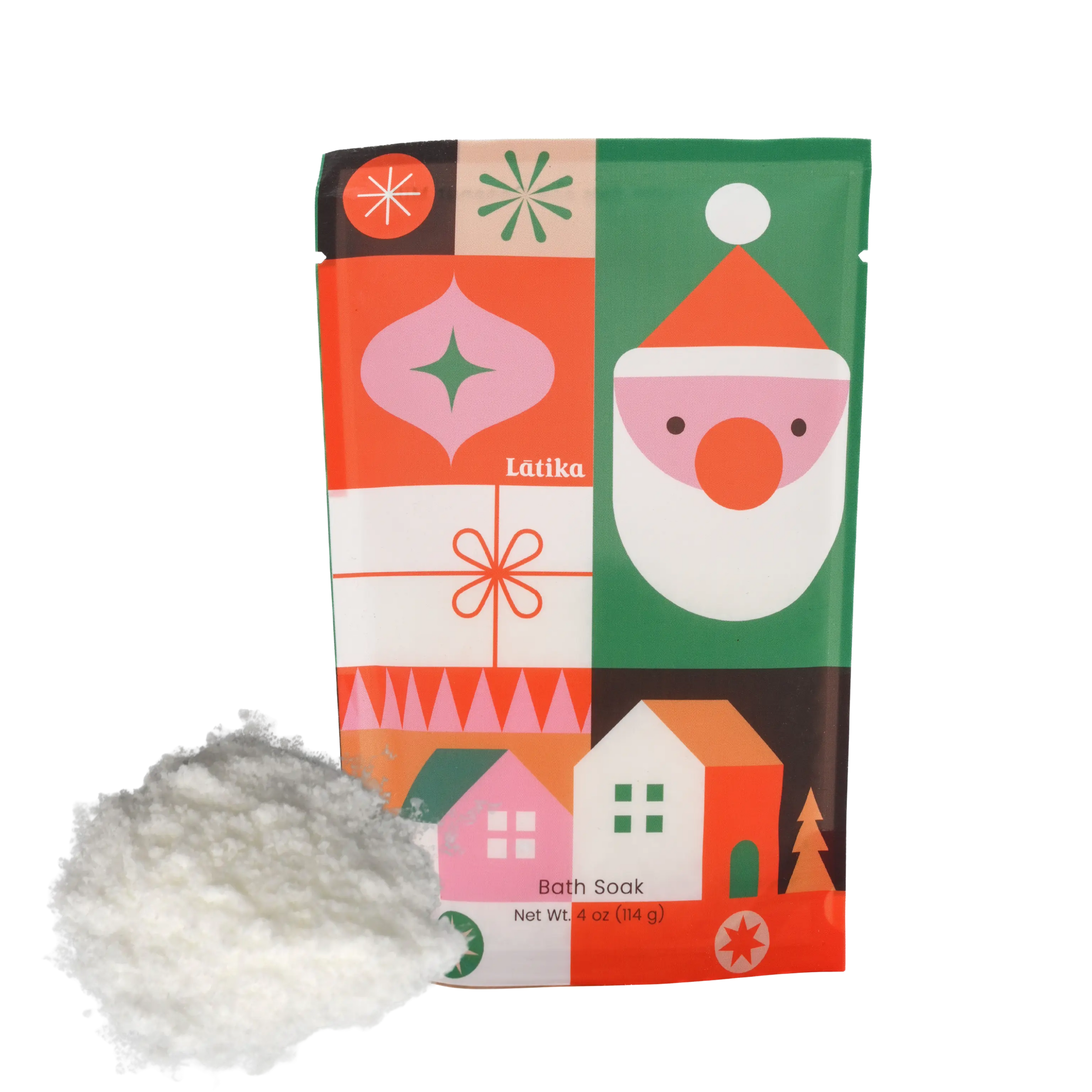 Modern Christmas design for Fizzing Bath Soak packaging with a colorful design and a pile of bath salts.