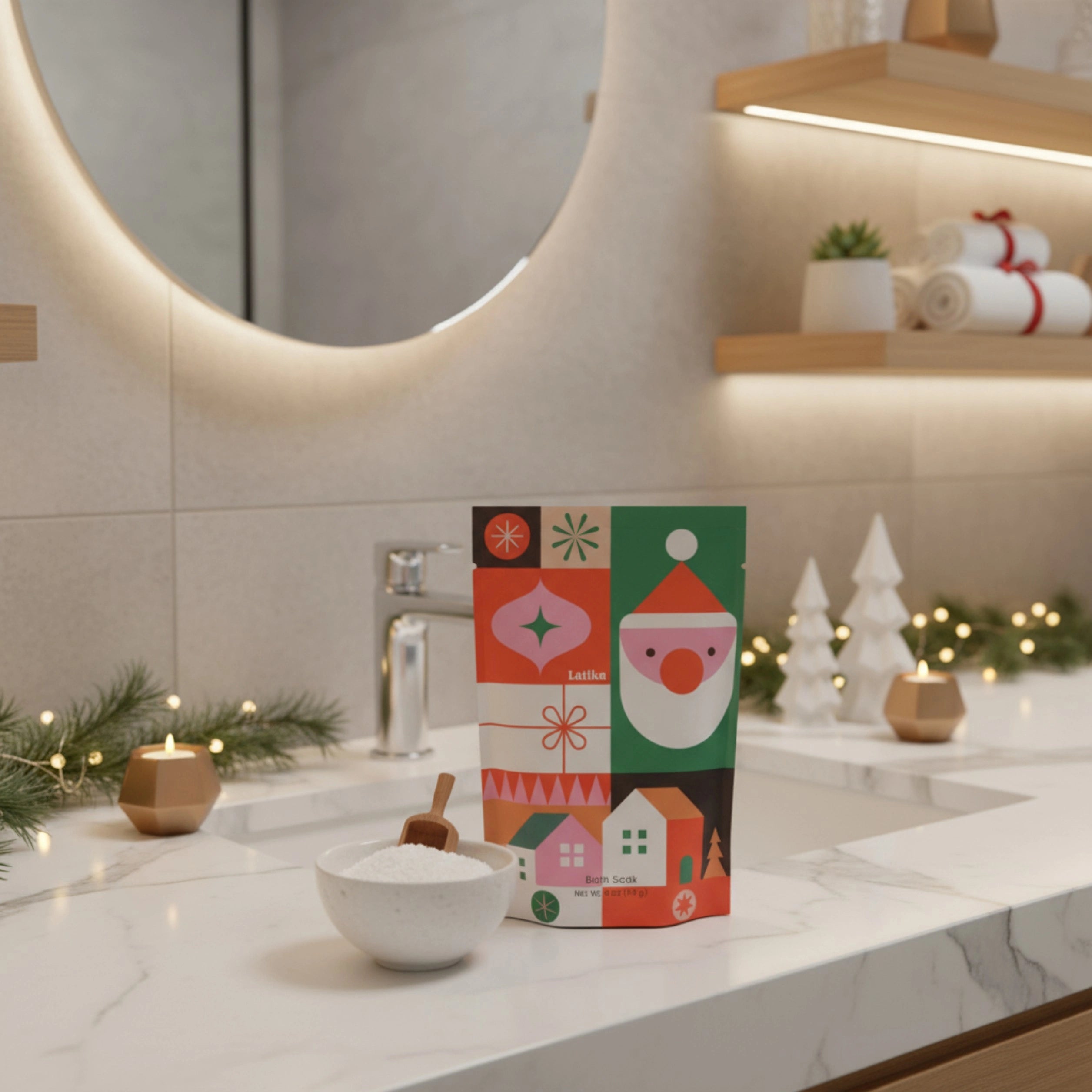 Bathroom counter with a decorative box featuring a Santa Claus design, surrounded by festive decorations.