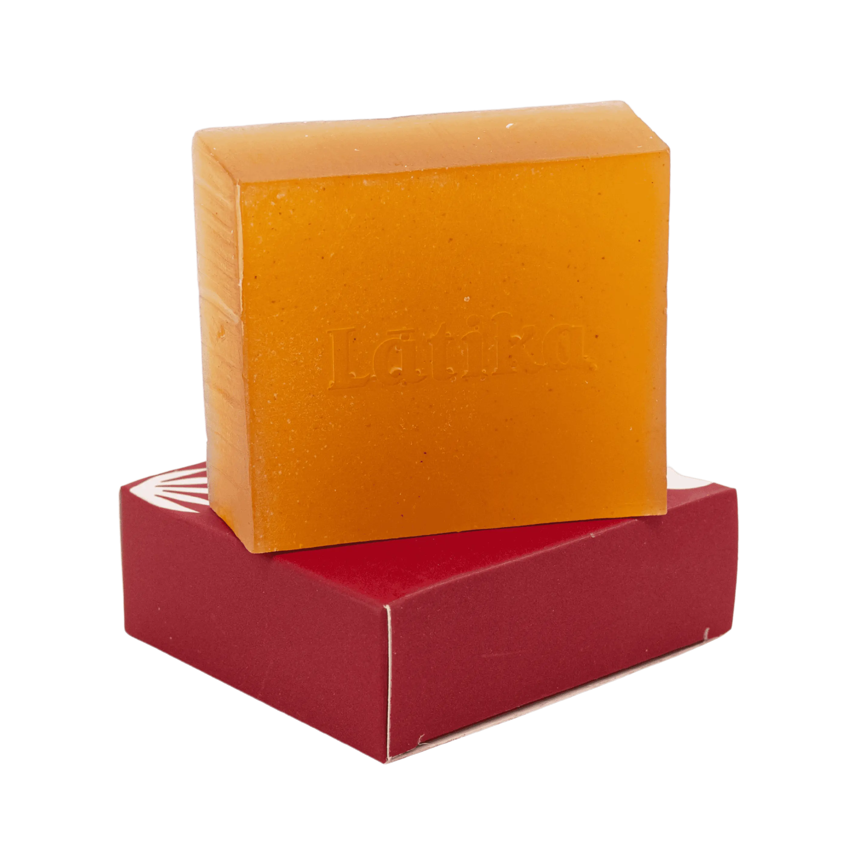 Two stacked soap bars, one orange and one red, on a white background
