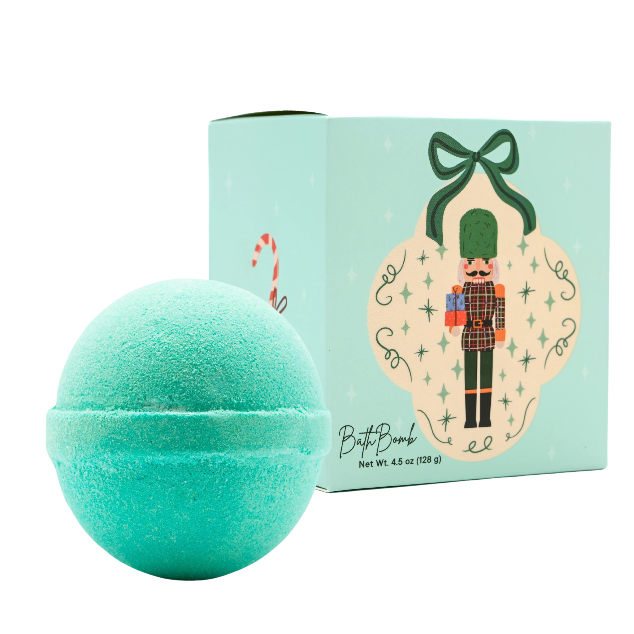 Green bath bomb with decorative packaging featuring a nutcracker design on a white background