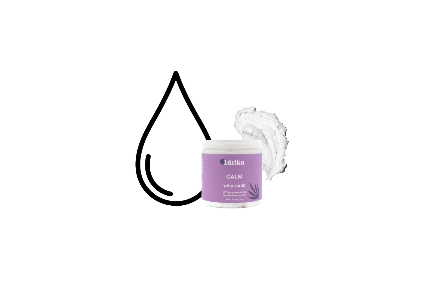 whipped scrub cream with a droplet icon on a white background