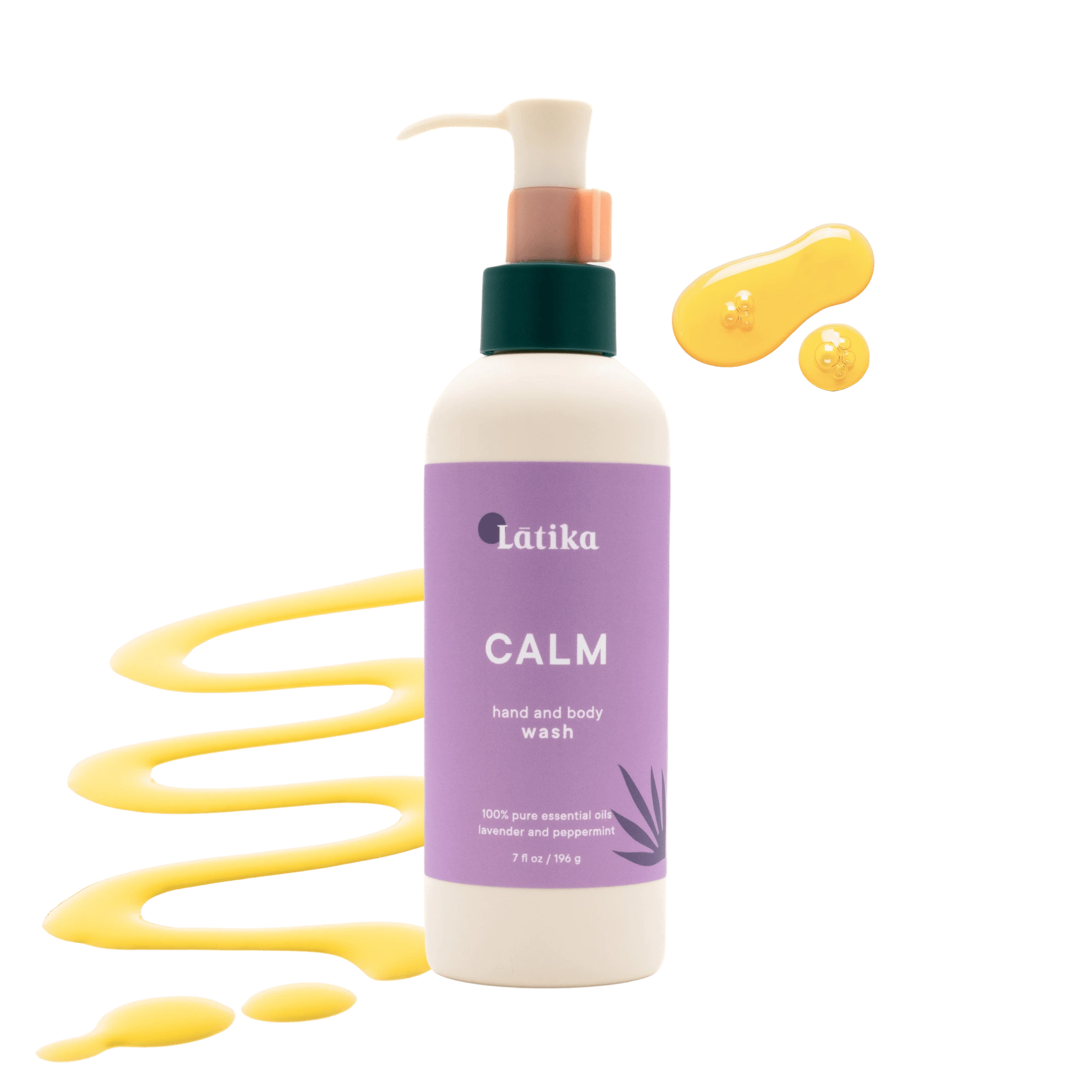 A pump bottle of Latika Calm Hand and Body Wash with a floral design, indicating the product is a cleansing wash.