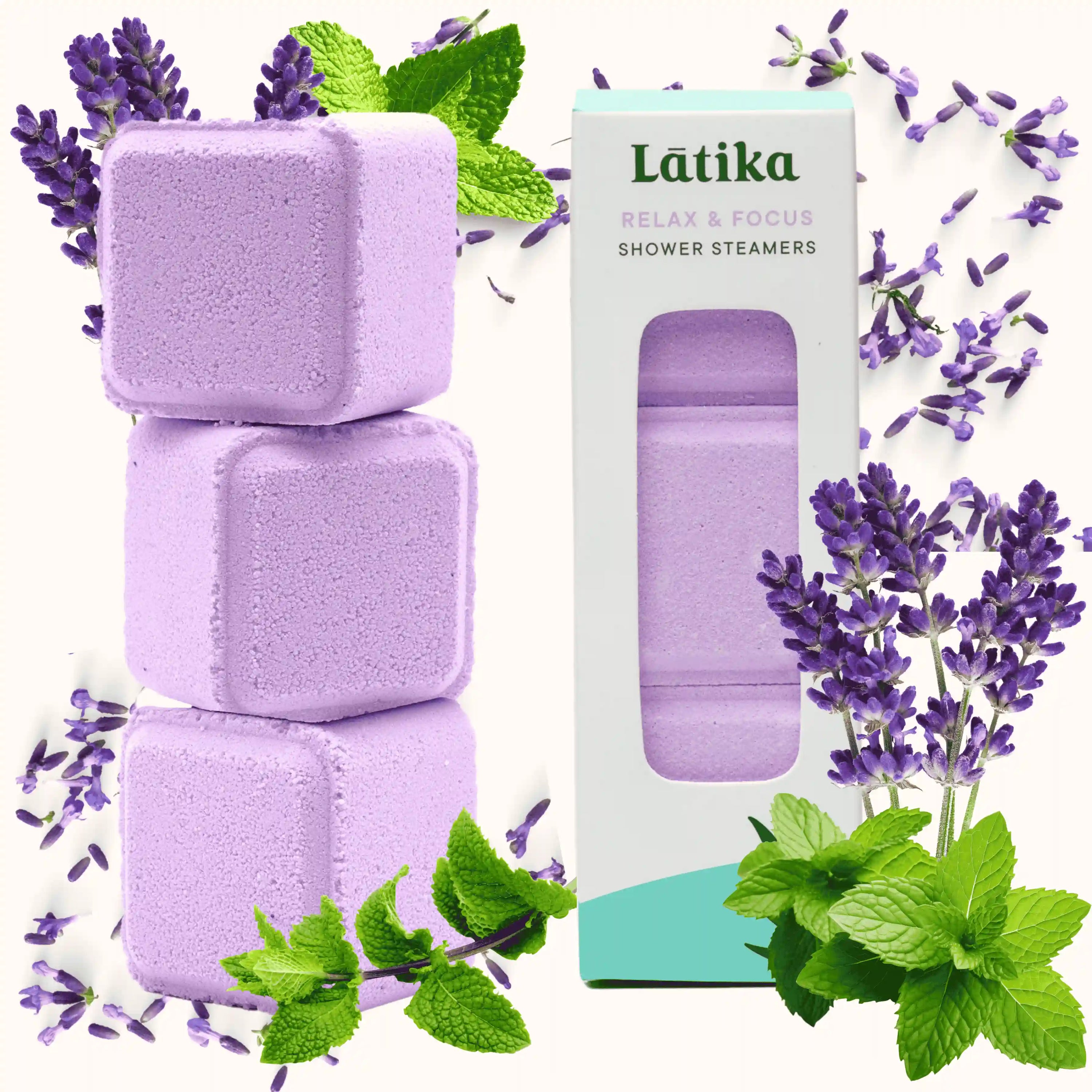 Purple shower steamers withlavender and peppermint essential oils and plants
for relaxation