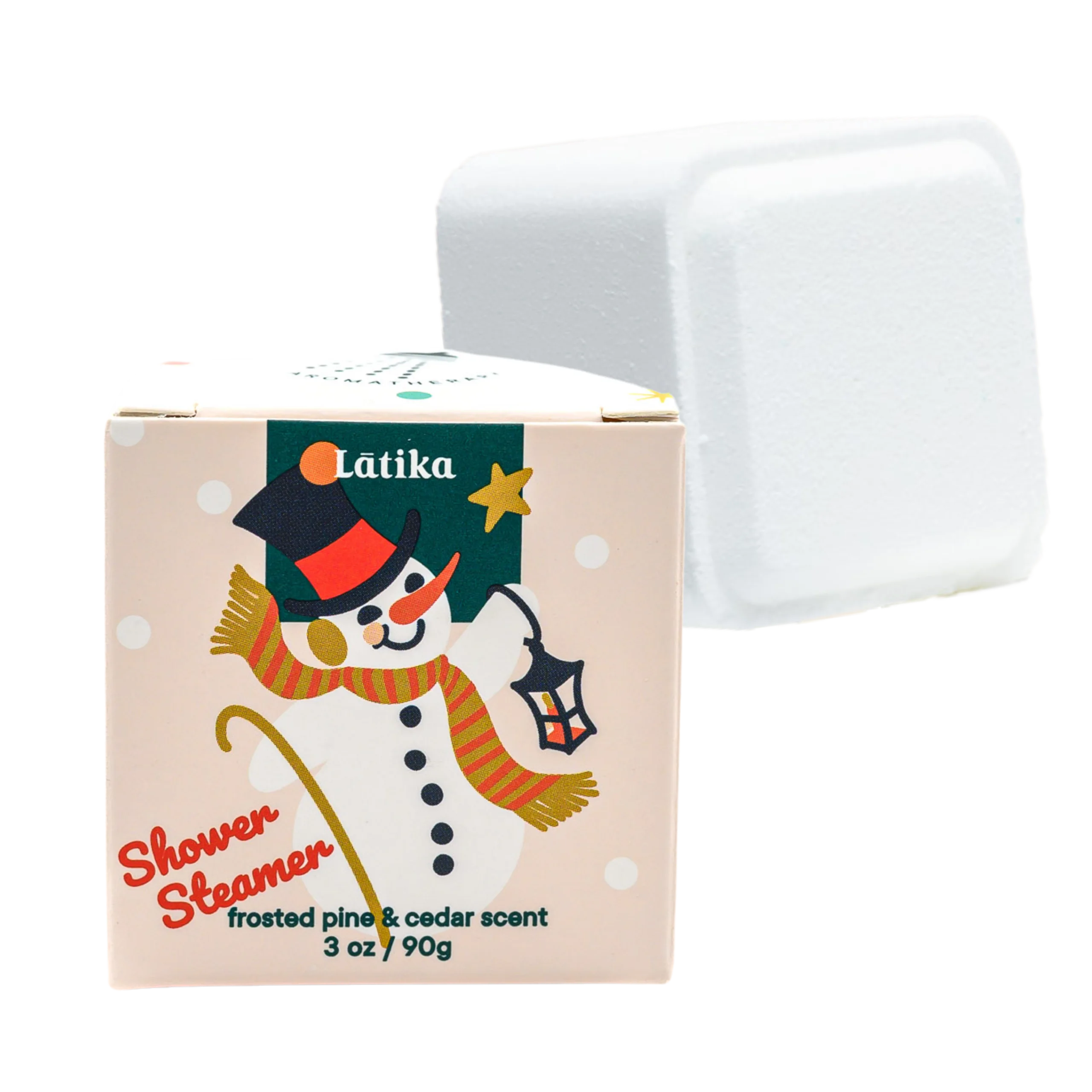 Snowman-themed shower steamer with packaging on a white background
