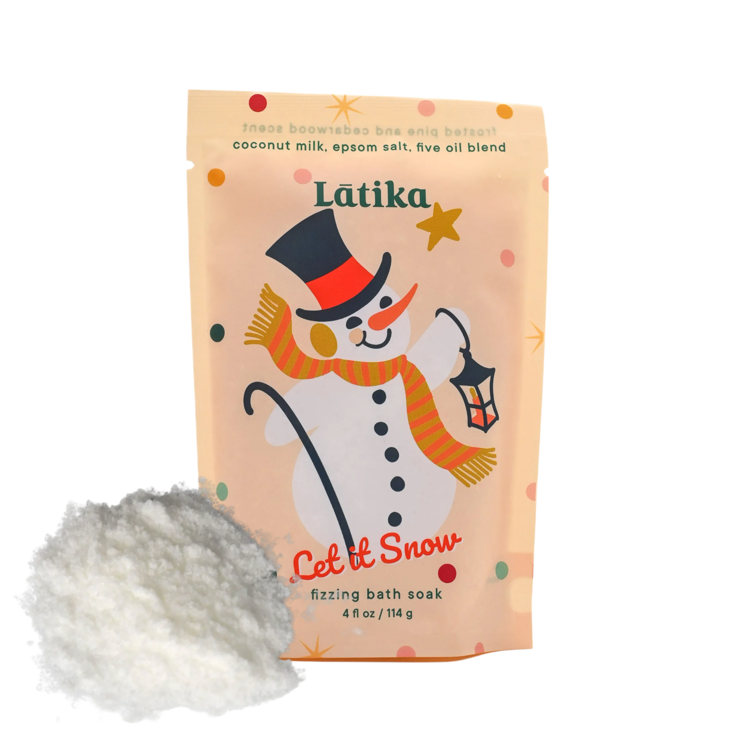 Fragrant bath soak packaging with a snowman design and text &
