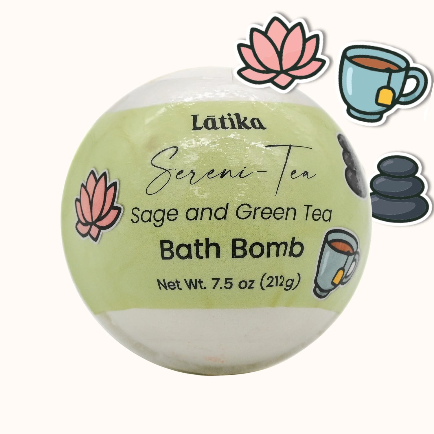 Sage and Green Tea bath bomb with Latika branding on a white background