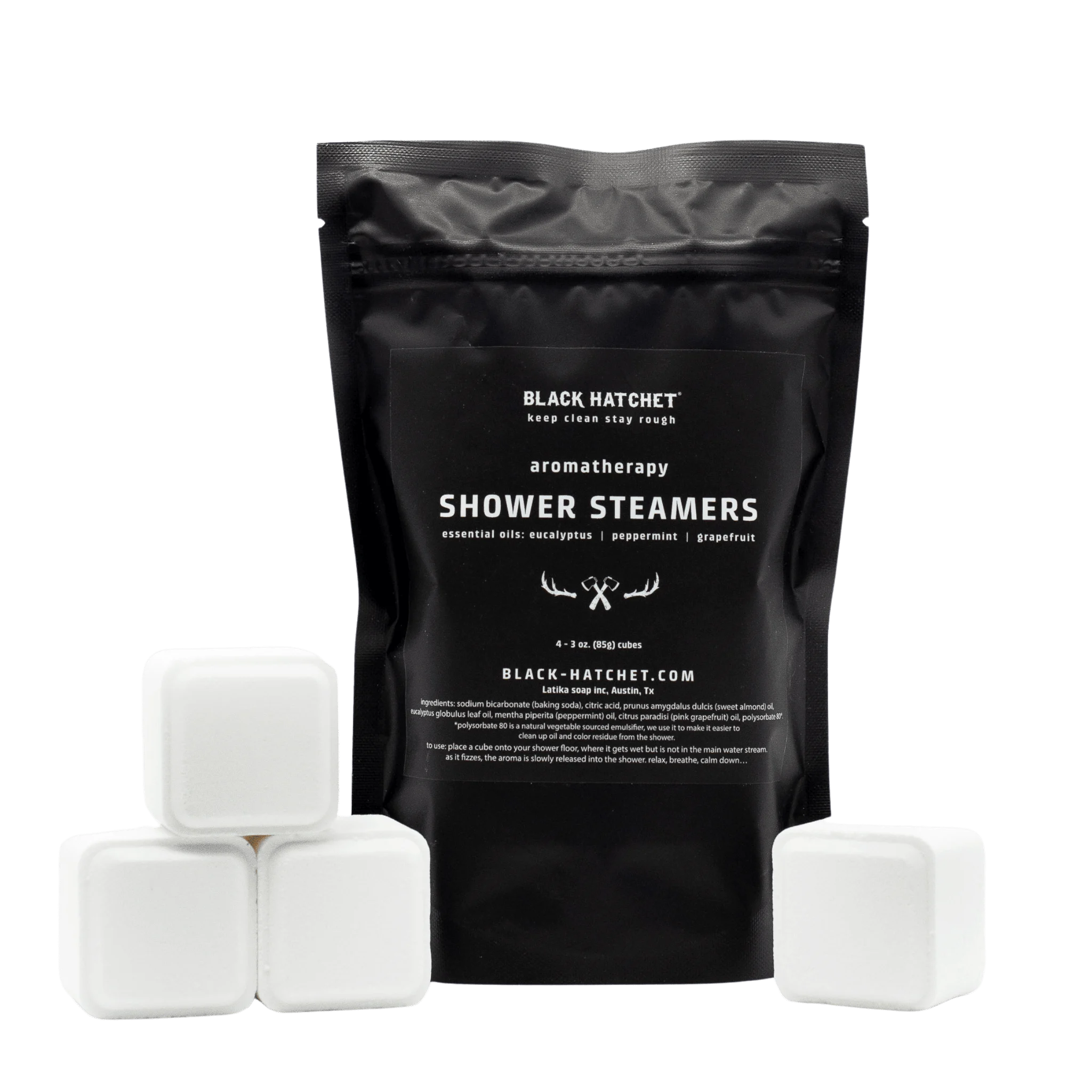 black bag of shower steamers for men, with essential oils for relaxation in the shower for men