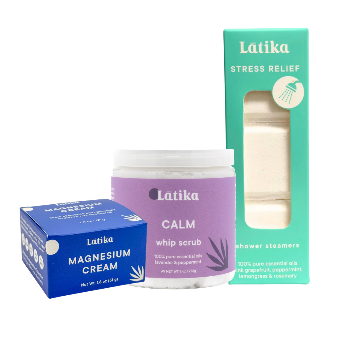 latika sleep ritual products including shower steamer box, whip  scrub jar and a cream jar in its box