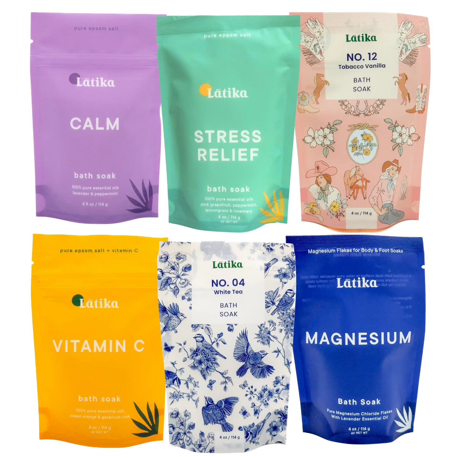 Collection of Latika bath salt packages in various flavors on a white background