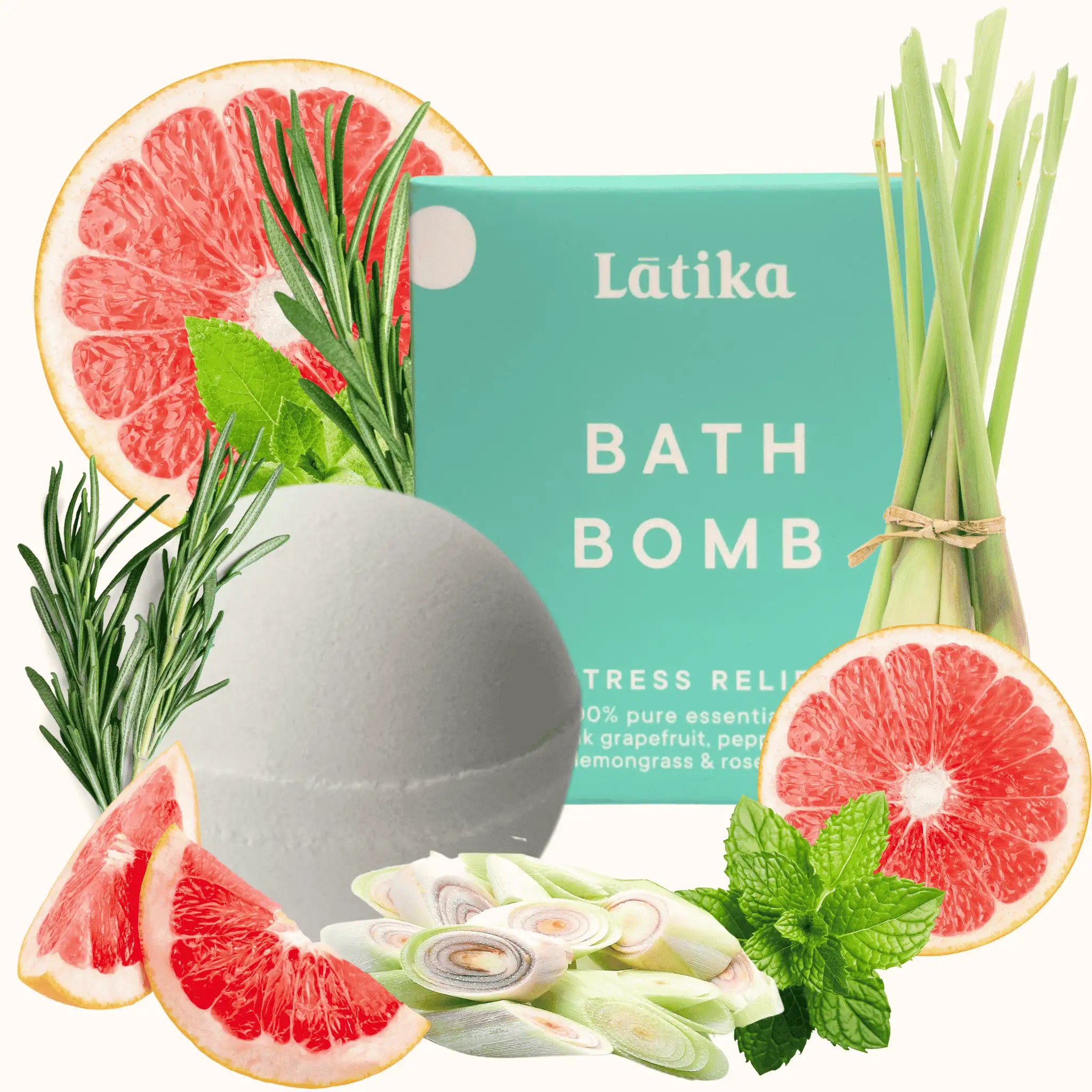 Bath bomb with grapefruit and mint elements and Latika branding.