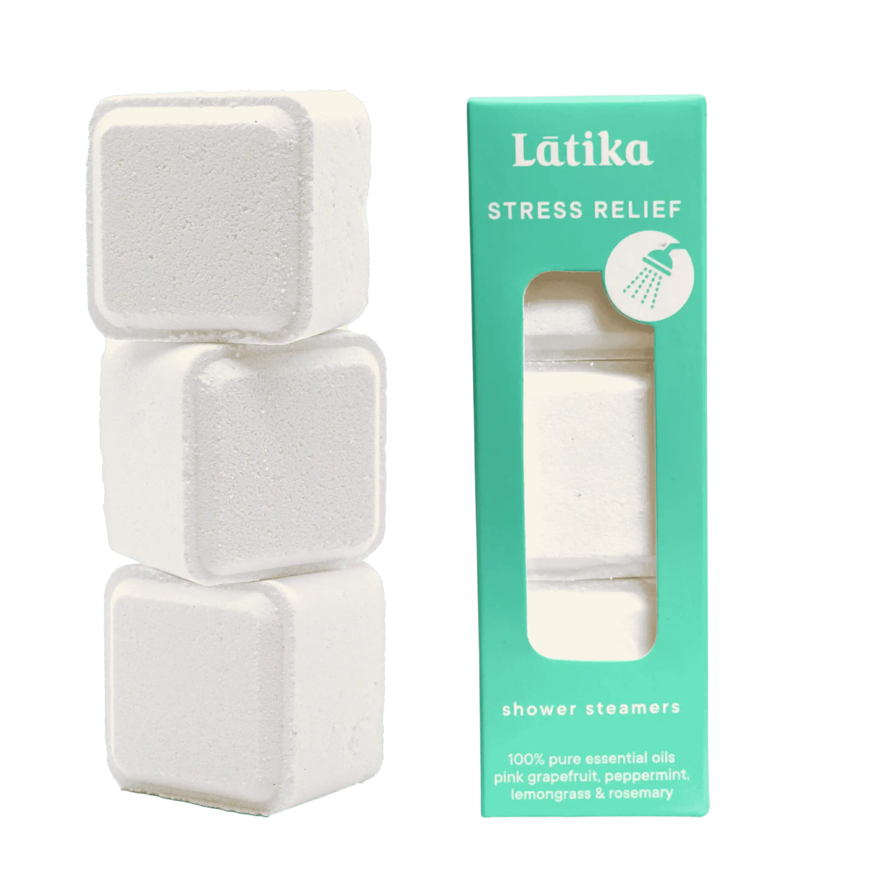 White shower steamers with green box for stress relief aromatherapy