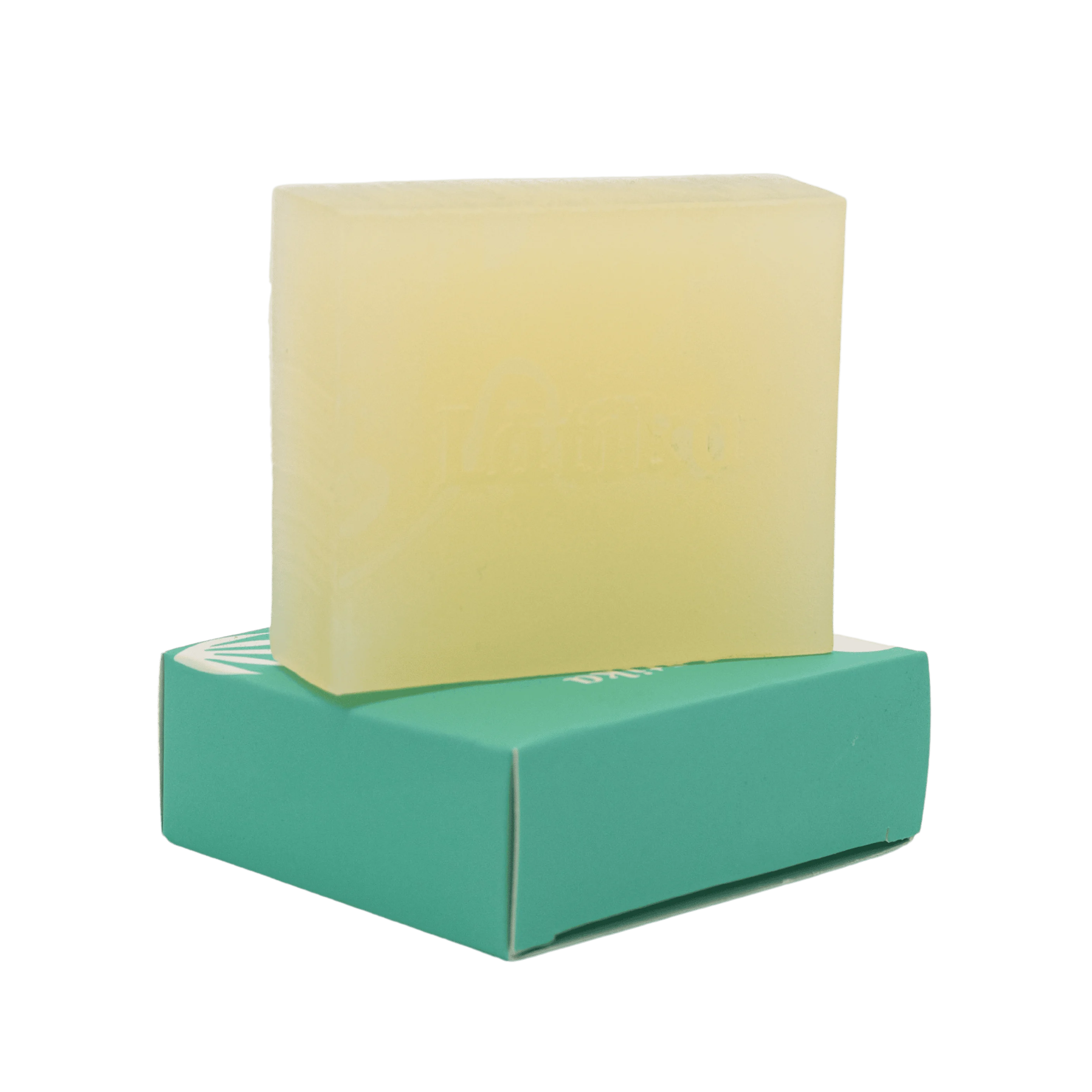 Yellow bar of soap on a green soap dish against a white background