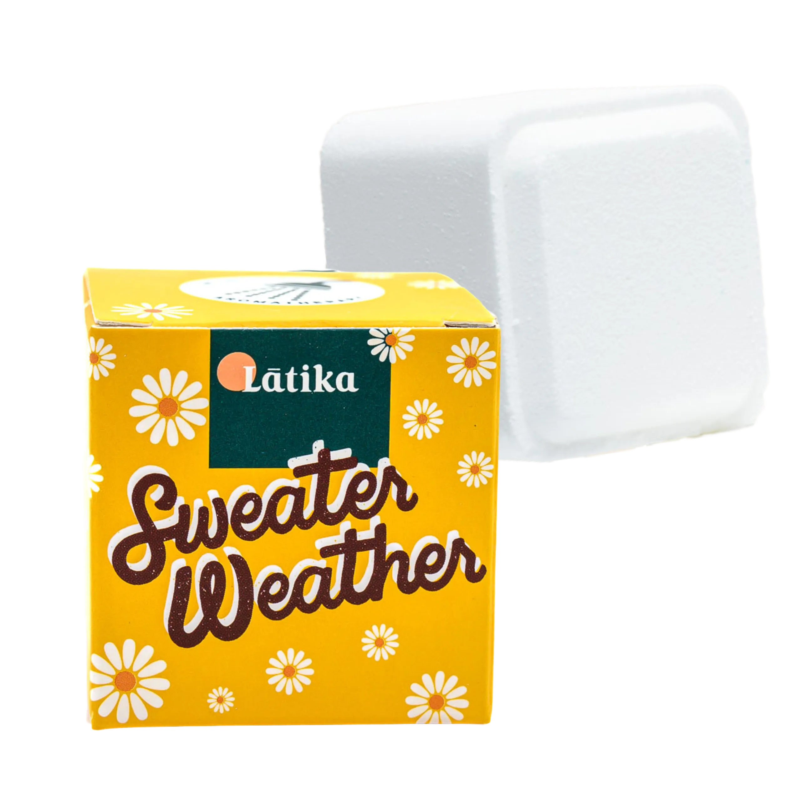 Latika sweater weather product with yellow packaging on a white background