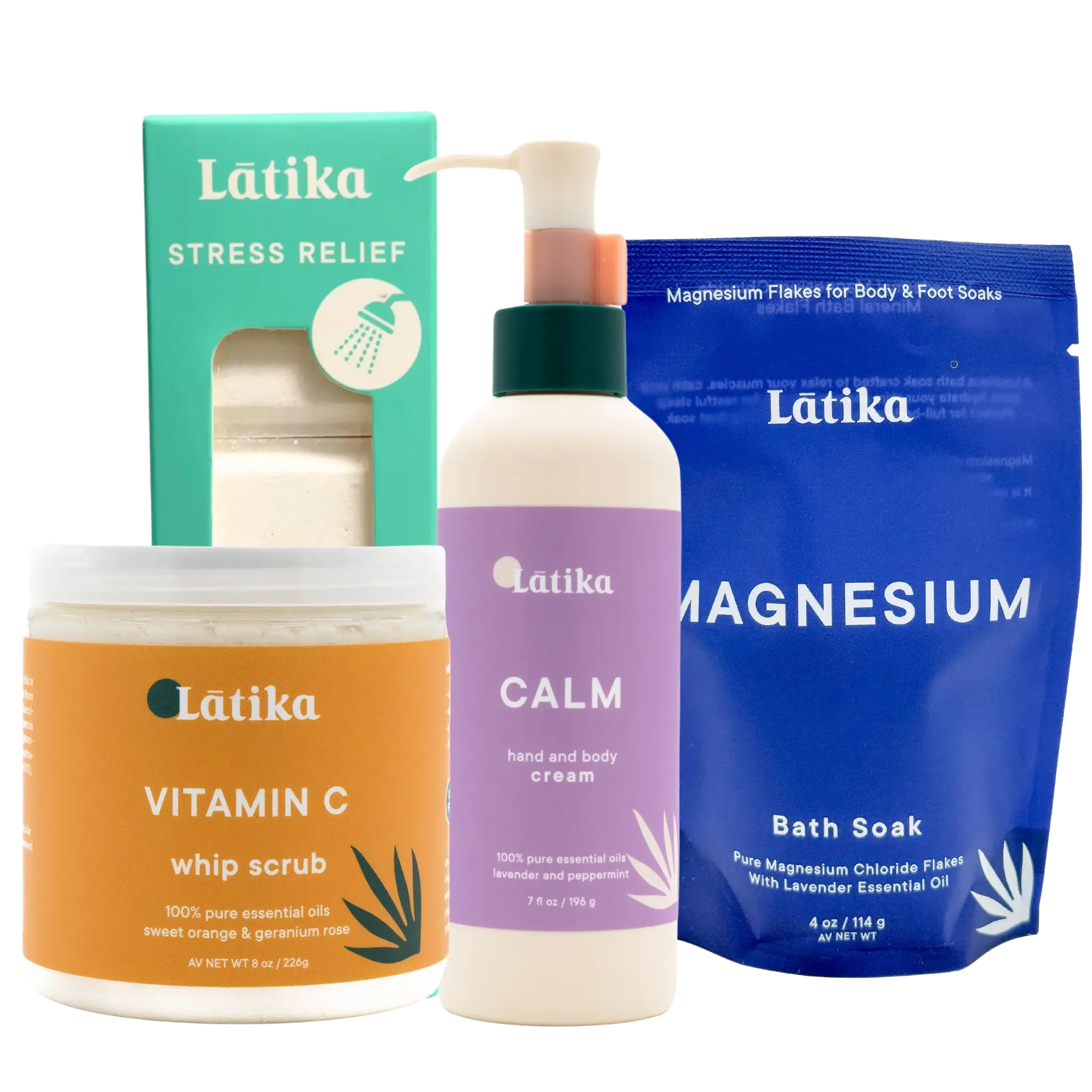 Collection of Latika skincare and wellness products including a scrub, cream, and bath soak on a white background.