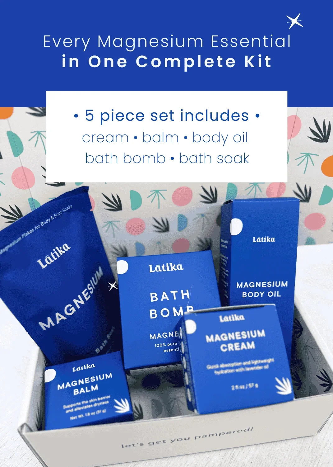 Set of Latika magnesium products including cream, balm, body oil, bath bomb, and bath soak on a white background.