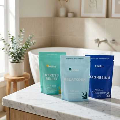 Three Latika bath soaks on a marble countertop with a bathtub in the background.