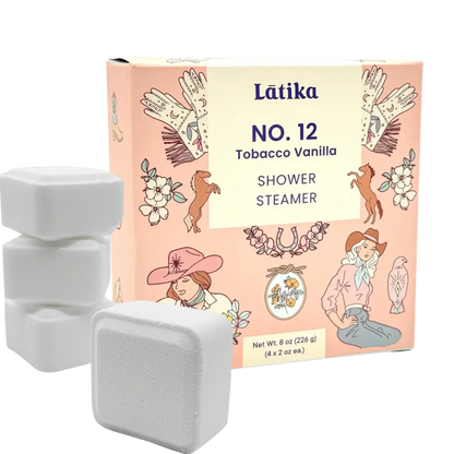 Látika No. 12 Tobacco Vanilla shower steamer packaging with three steamer cubes on a white background