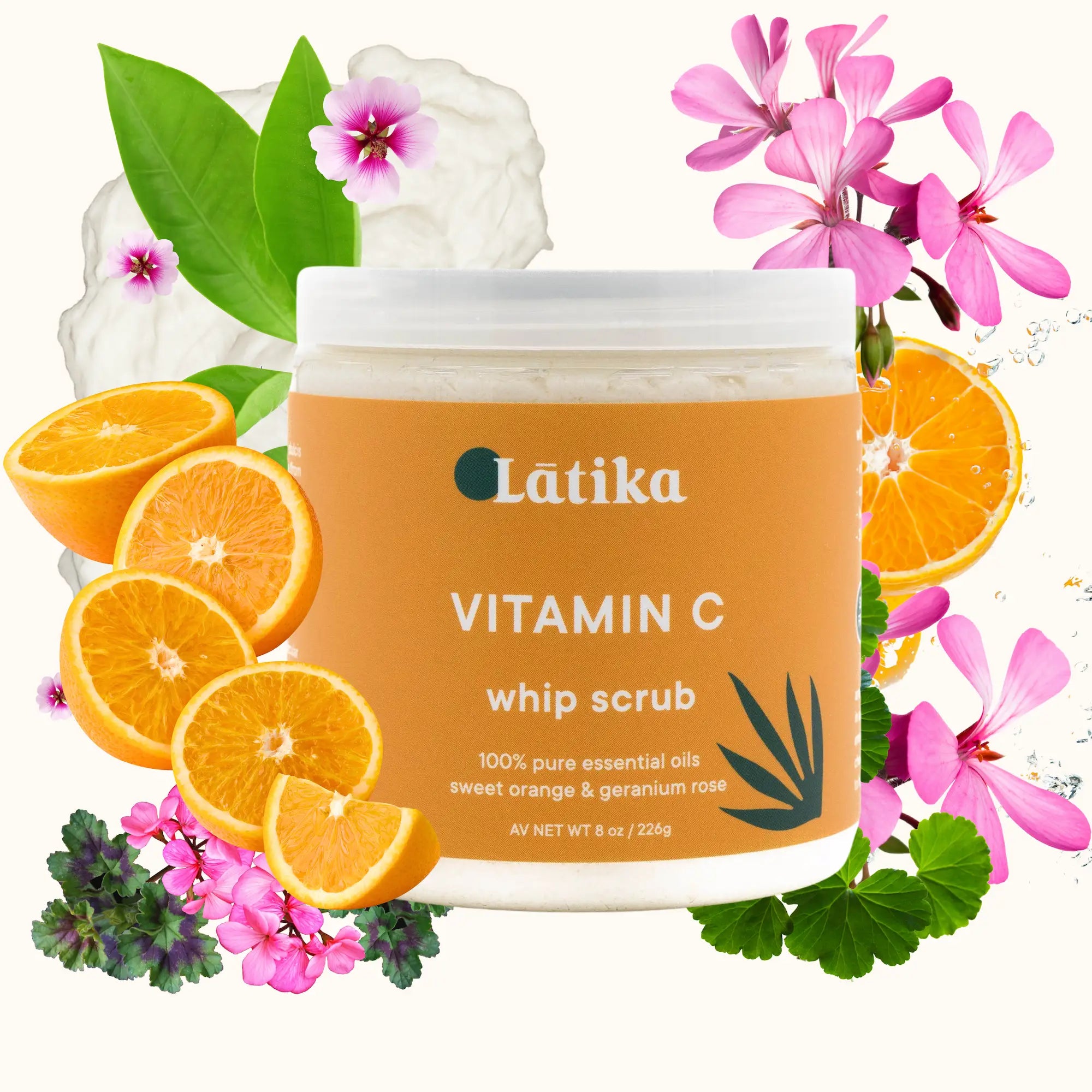 Latika Vitamin C whip scrub with oranges and flowers for a natural scrub with essential oils.