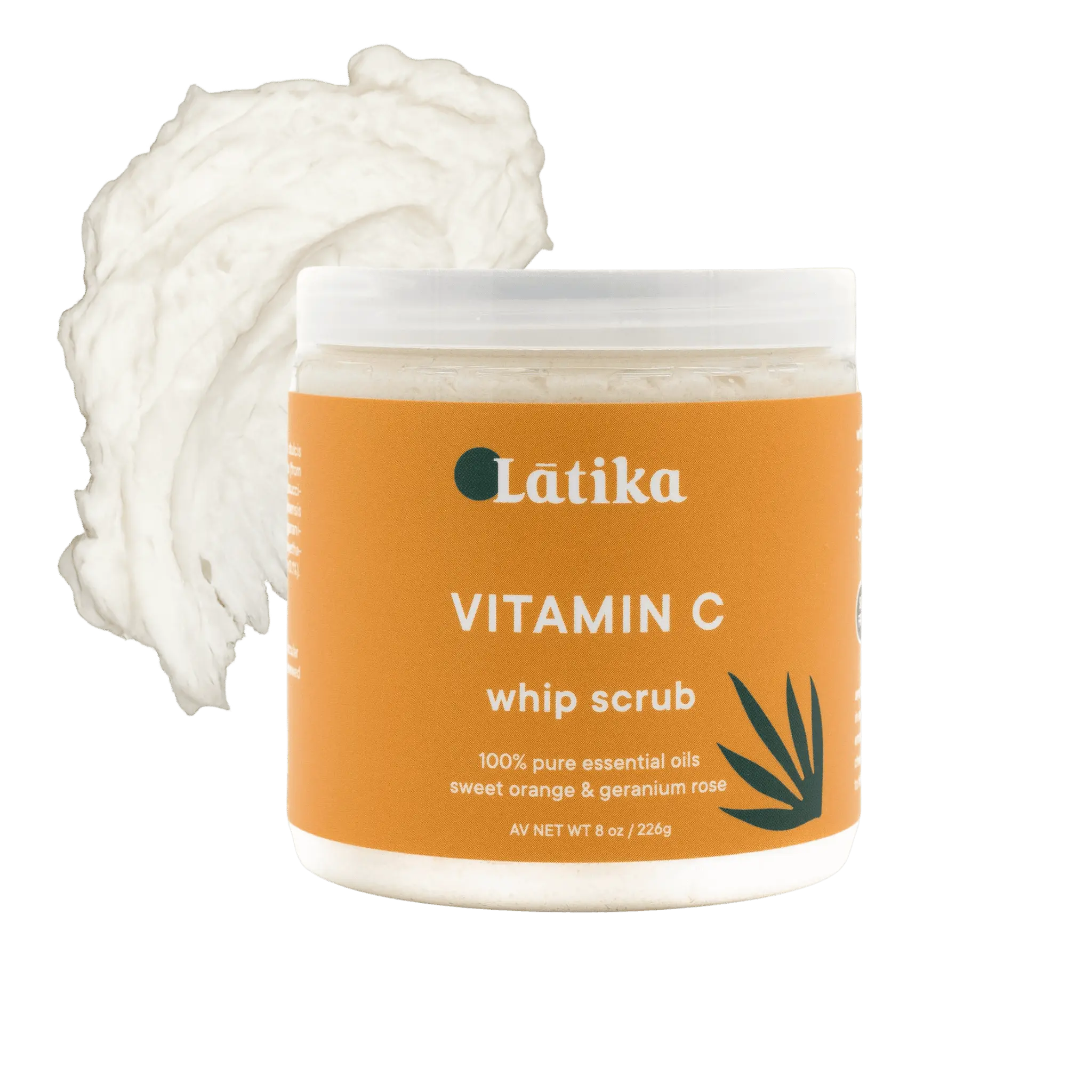 vitamin c body scrub with a wipped texture and essential oils and vitamin c. featured in a jar with orange label by Latika.