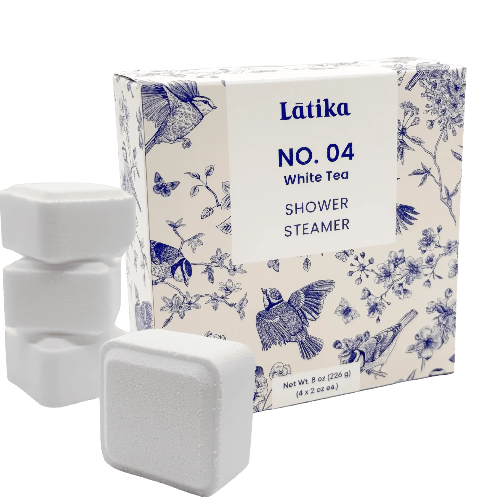 Latika No. 04 White Tea shower steamer packaging with product cubes. for a blue china, elegant design, inspired scent.